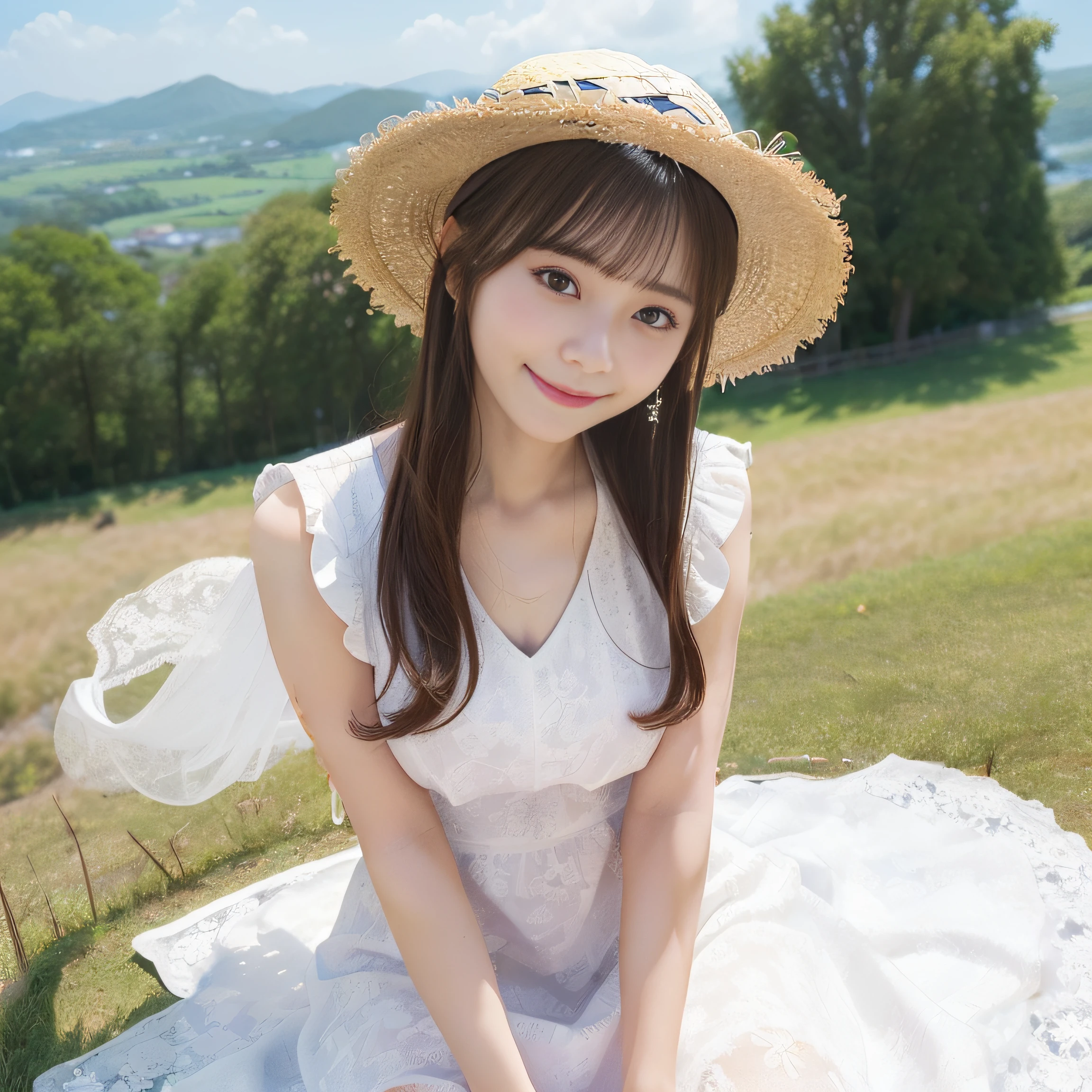 8K、(realisitic、Photorealsitic:1.37)、(masterpiece:1.2)、(top-quality:1.4)、(超A high resolution:1.2)、(RAW Photography:1.2)、(foco nítido:1.3)、(facefocus:1.2)、(full bodyesbian:1.5)、(full body Esbian:1.2)、(30-years old:1.5)、1girl, (solo:1.5), long hair, upper body, (one-piece dress:1.3), White dress with floral pattern、outdoor,Shy smile, blue sky、 landscapes, Hillwith a good view:1.3、beautiful finely detailed eyes、dual、Look at viewers, (cute little),nogizaka、middlebreast、thighs thighs thighs thighs、backshots
