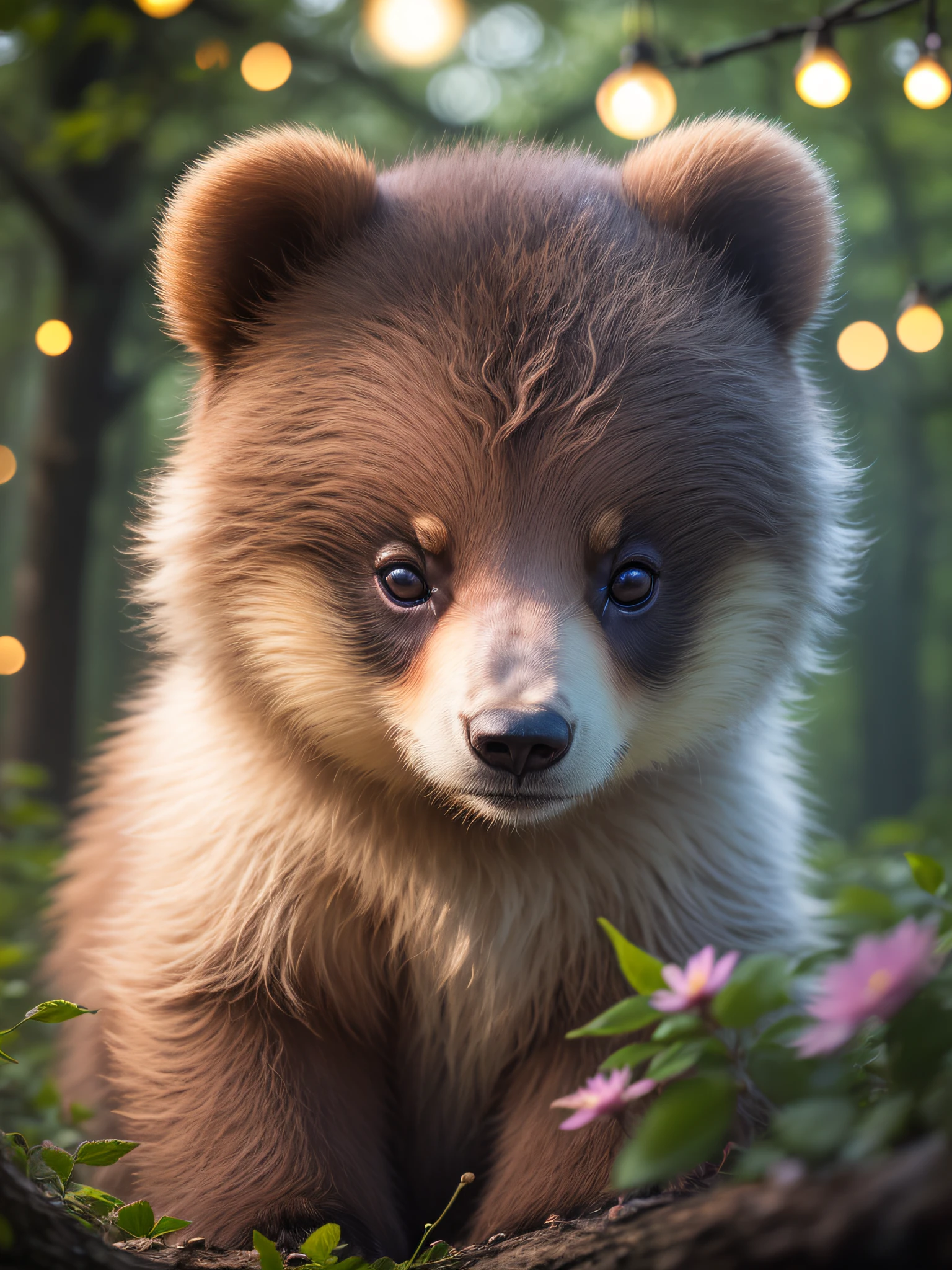 Close up photo of baby bear in enchanting forest、deep in the night、in woods、Back lighting、fireflys、Volumetric fog、The halo、bloom、Dramatic atmosphere、central、thirds rule、200mm 1.4F Macro Shot