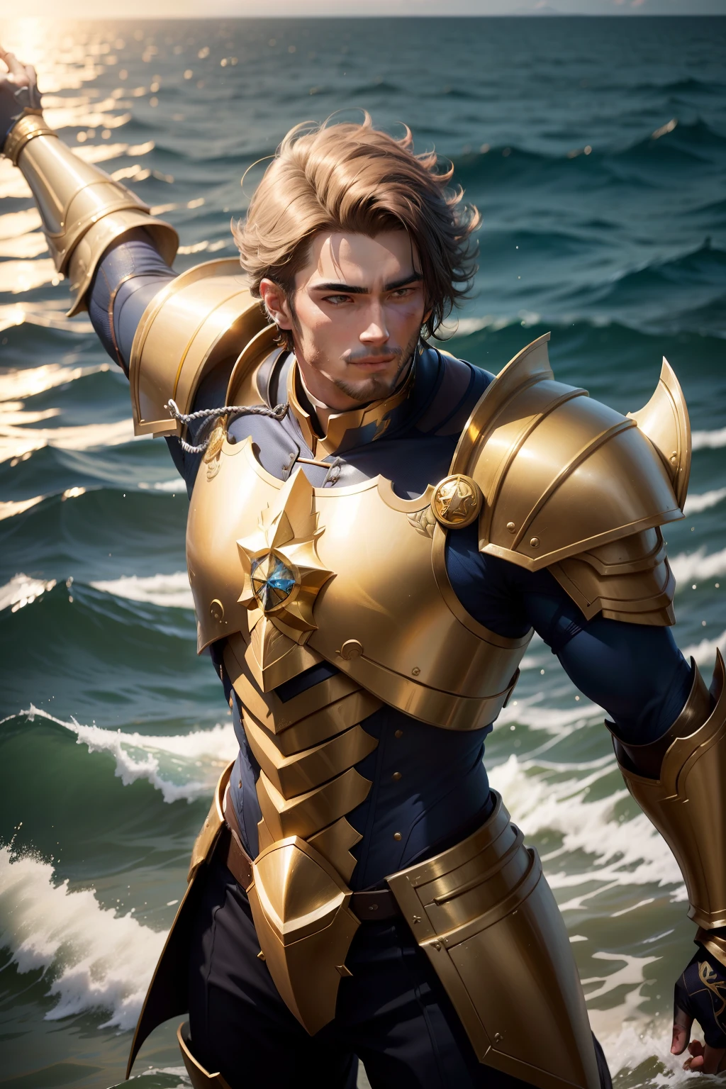 of a guy, Blue-gold armor, Handsome face, posing elegantly, Floating on the ocean, god rays, depth of field, high quality