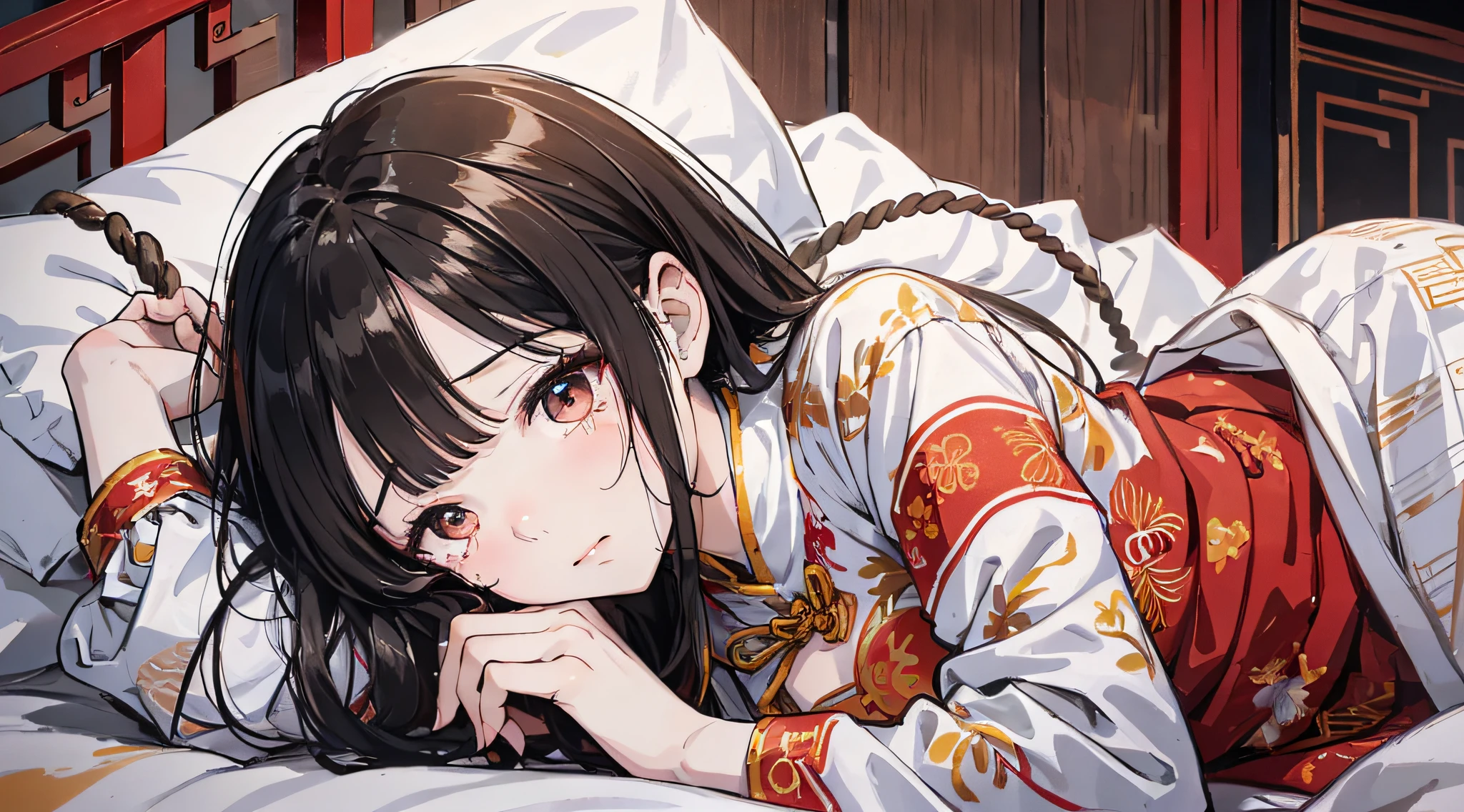 hoang lap,A high resolution,ultra - detailed,(1girll:1.3),handpainted,Simple lines,1个Giant Breast Girl,16yo girl,Wearing a colorful Chinese dress,beuaty girl,long whitr hair,He was tied with a rope,Lie down in bed,weeping