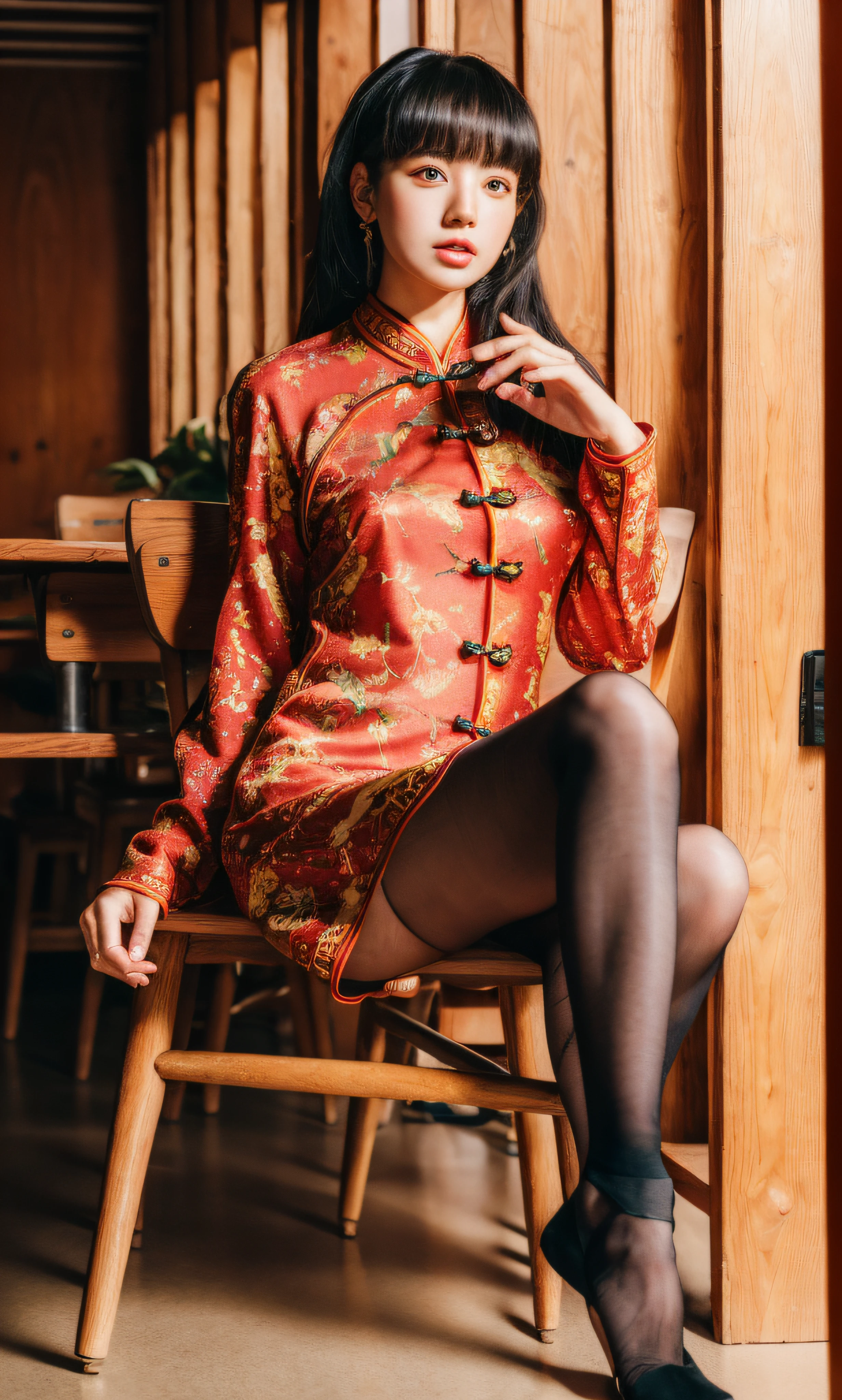 ulzzang-6500-v1.1, (raw photo:1.2), (photorealistic:1.4), beautiful detailed girl, very detailed eyes and face, beautiful detailed eyes, ridiculous, incredibly ridiculous, huge file size, super detailed, high resolution, very detailed, best quality, masterpiece, ((red cheongsam)), illustration, very detailed, CG, unified, 8k wallpaper, amazing, fine detail, masterpiece, best quality, Very detailed CG unified 8k wallpaper, face light, movie lighting, 1girl, , ((no panties)), ((dynamic pose))), (camel toe), (half), (pantyhose), (bent knees and legs sitting))