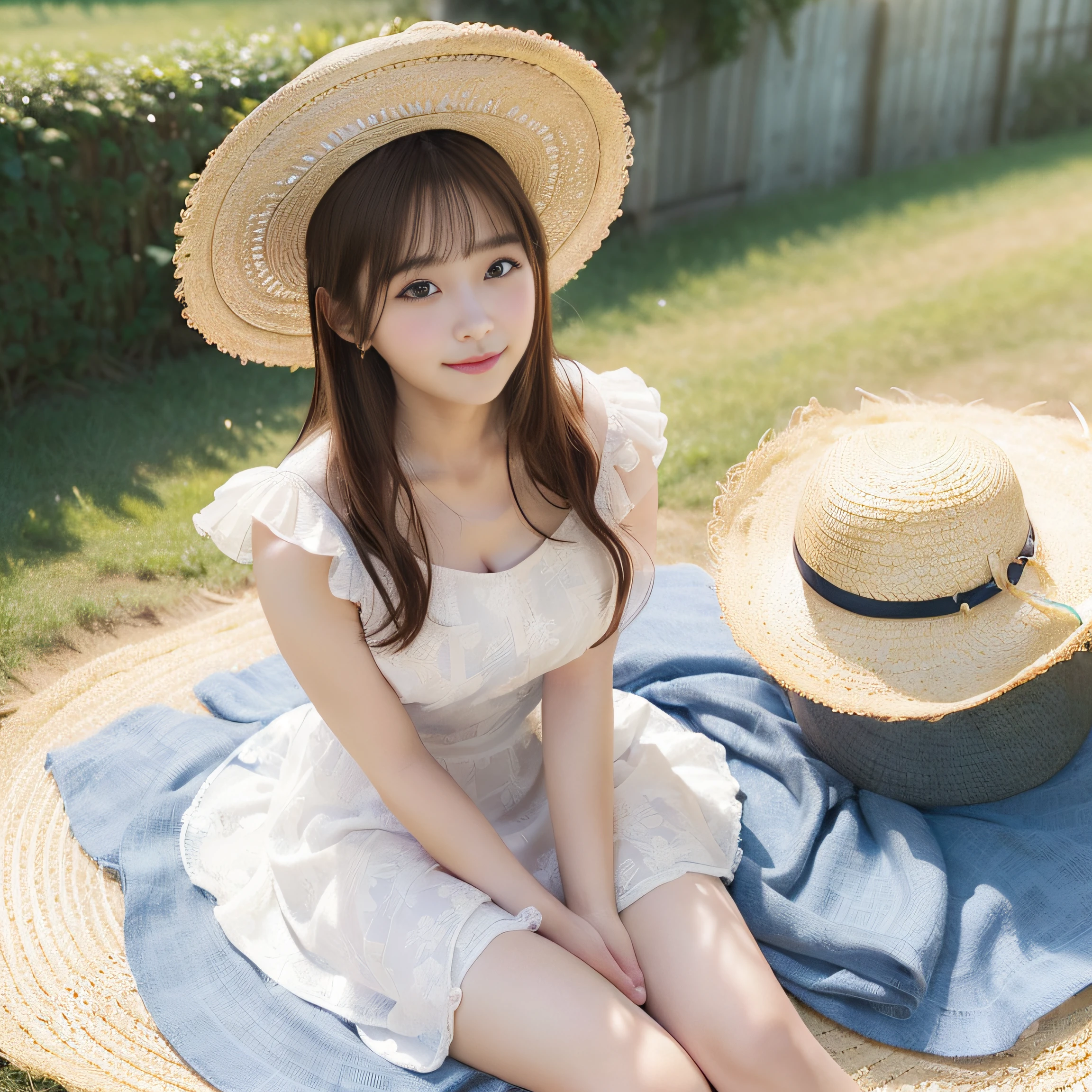 8K、(realisitic、Photorealsitic:1.37)、(masterpiece:1.2)、(top-quality:1.4)、(超A high resolution:1.2)、(RAW Photography:1.2)、(foco nítido:1.3)、(facefocus:1.2)、(full bodyesbian:1.5)、(full body Esbian:1.2)、(30-years old:1.5)、1girl, (solo:1.5), long hair, upper body, (one-piece dress:1.3), White dress with floral pattern、(straw hat:1.3), outdoor,Shy smile, blue sky、 landscapes, Hillwith a good view:1.3、beautiful finely detailed eyes、dual、Look at viewers, (cute little),nogizaka、middlebreast、thighs thighs thighs thighs、backshots