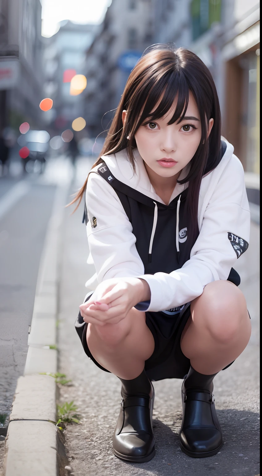 top-quality、超A high resolution、(Photorealsitic:1.4)、(ulzzang-6500:0.4)、Beautie、韓国アイドル、length hair、A dark-haired、Light brown hair、Realistic eyes, Beautiful eyes、croptop、a miniskirt、Big white hoodie、In the street、crouching down、