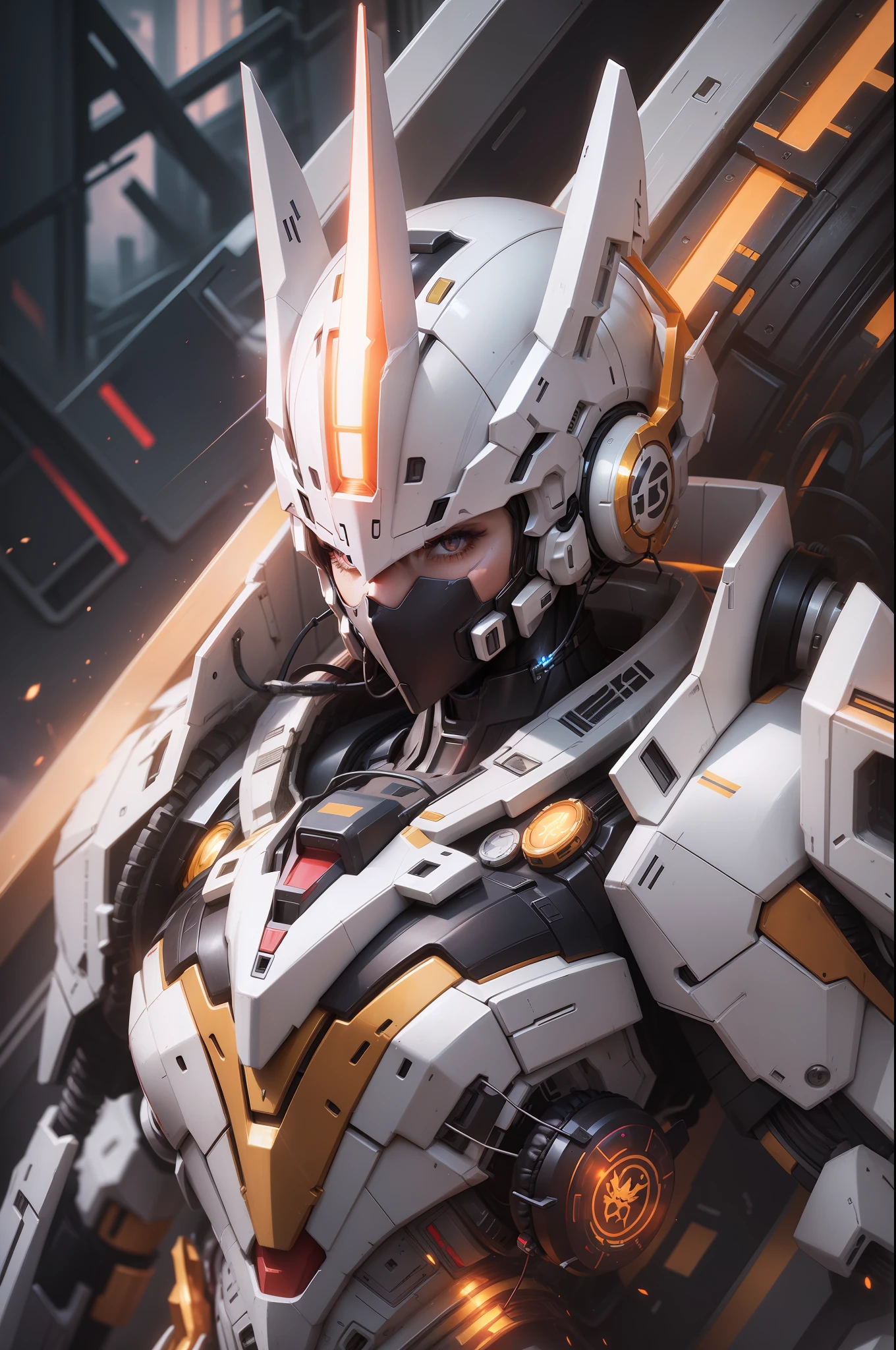 Female, crown, headphone, realistic, slim body, Gundam, neon, cyberpunk