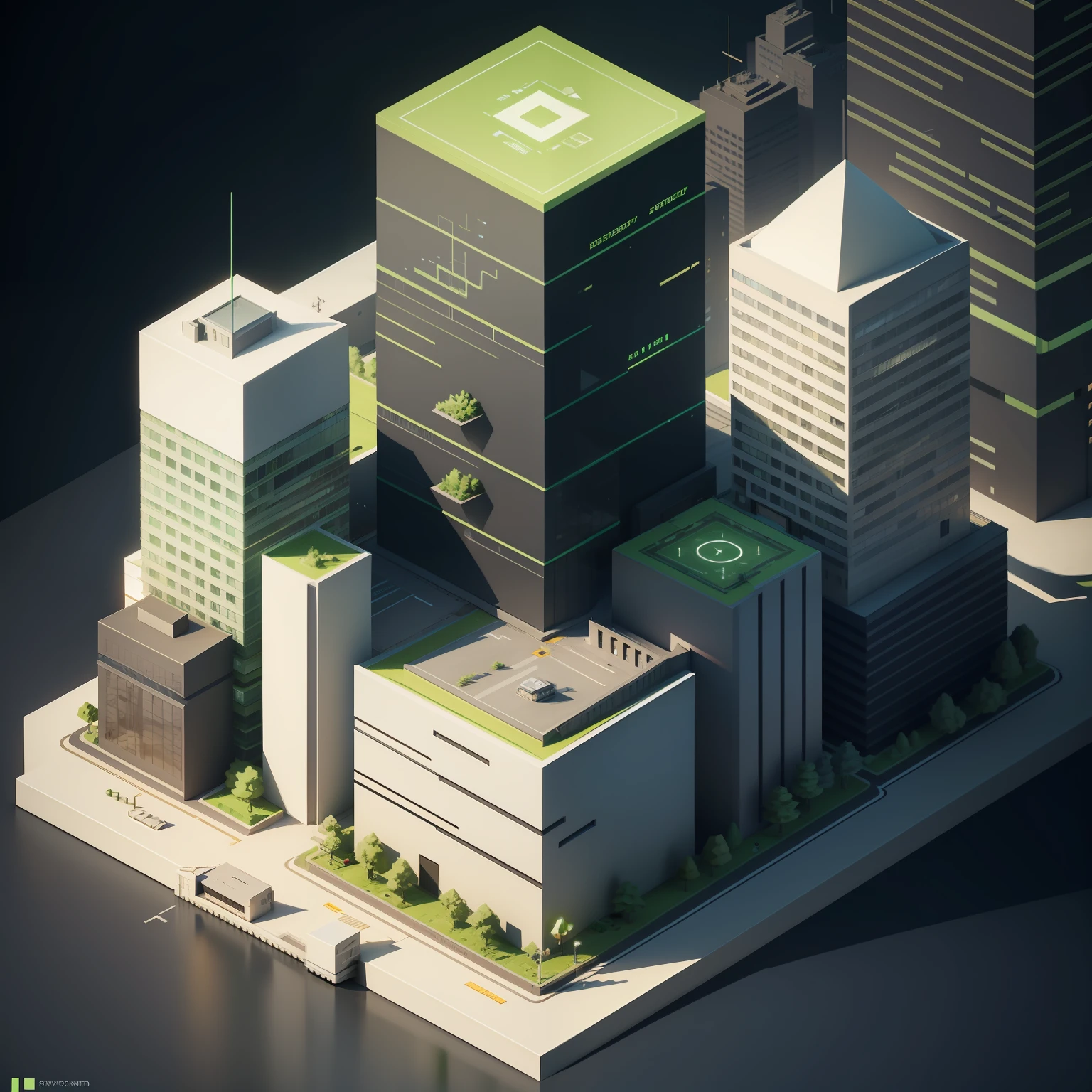 In the city there is a green shield with a clock on it, network security polygon, 3D isometric, isometric style, cyber architecture, depicted as 3D rendering, simple illustration