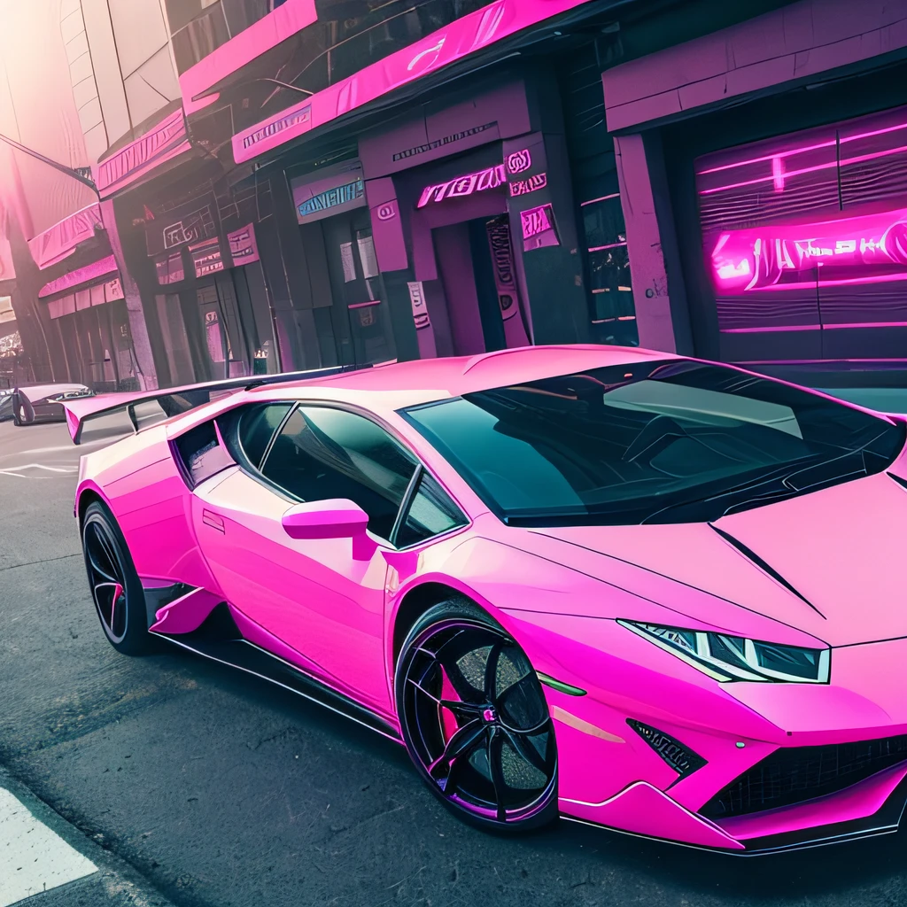 "hot pink Lamborghini HURACÁN car in a cyberpunk city
(((cinematic lighting))), soft cinematic light, adobe lightroom, photolab, hdr, intricate details, photorealism, professional photography"