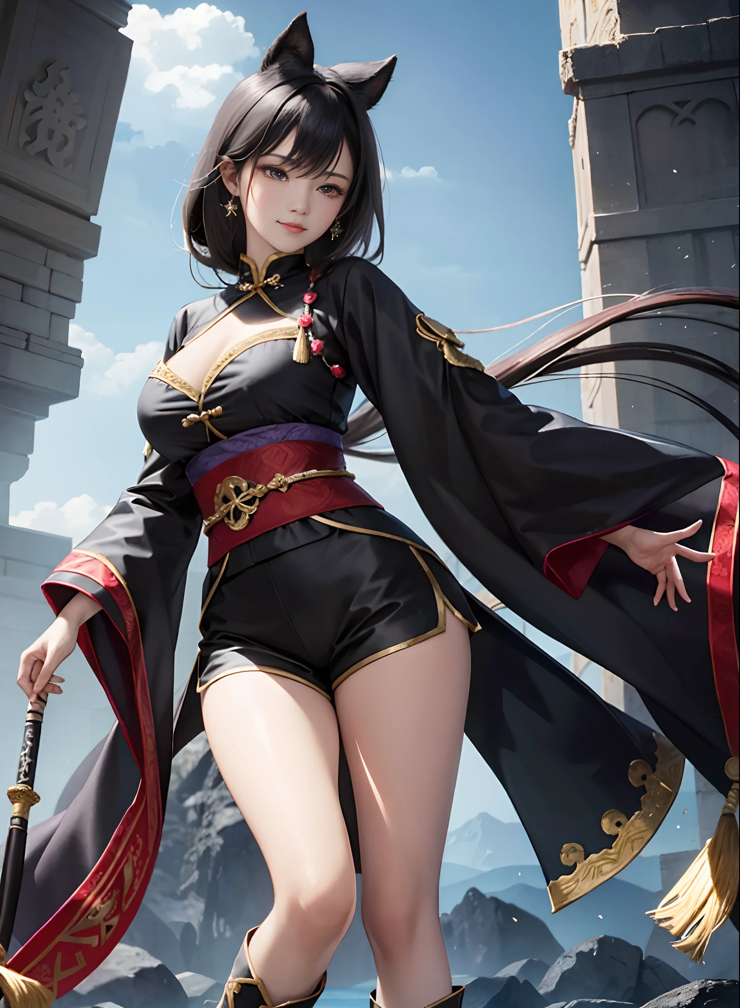 Royal Sister,swordsmen,Big sister type,Oriental women,gallant woman,Cold ass,tmasterpiece,A high resolution,,Absolutely beautiful,,looking toward the viewer,frontage,(Wide buttock:1.3),(Thick legs:1.4),are standing,exquisitedetails,A high resolution,Wallpapers,1female,独奏,,Enchanted, cruel grin,Ancient wind,Hanfu,,Black all over,Dark,is wearing a shorts,Wear boots,Wear knee-length cotton socks,Ro socks,Embroidery, natural poses,standing on your feet, Fanning,16k,hdr,A high resolution,depth of fields,Bocoon,prime time,Vignette,rainbowing