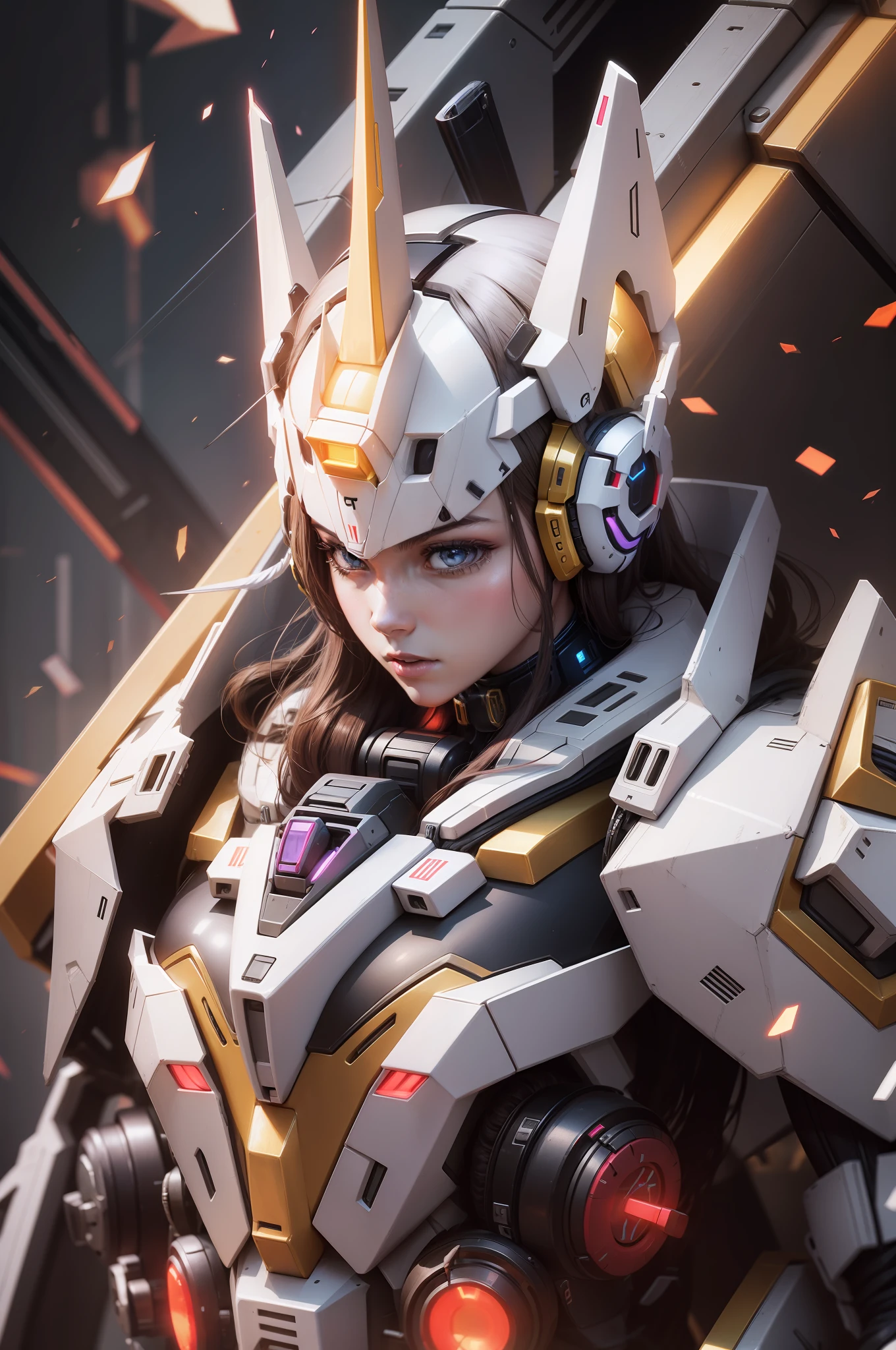 Female, crown, headphone, realistic, slim body, Gundam, neon, cyberpunk