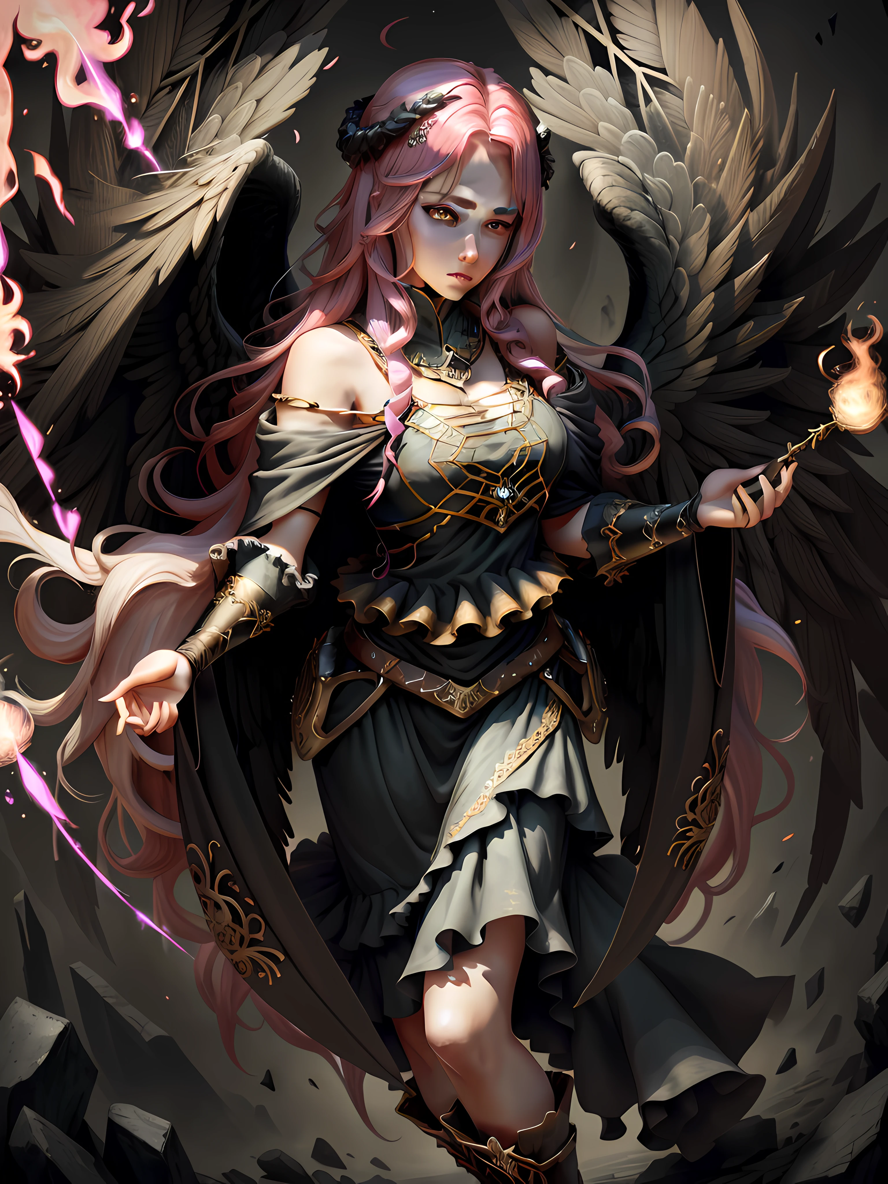 （（tmasterpiece，HighestQuali））， （（cinemic light））， That's great， wisdom， devils， blend， terroral， dark fantacy， Detailed armor， （insanely details， florals）， Detailed boots， Beautiful detailed eyes， with pink hair， Long hair， （（Floating hair））， nabel， long cape， Out of this world，s fractal art（（best qualtiy））， （（tmasterpiece））， （A detailed），1girll，独奏，angelicales，Overall，full bodyesbian