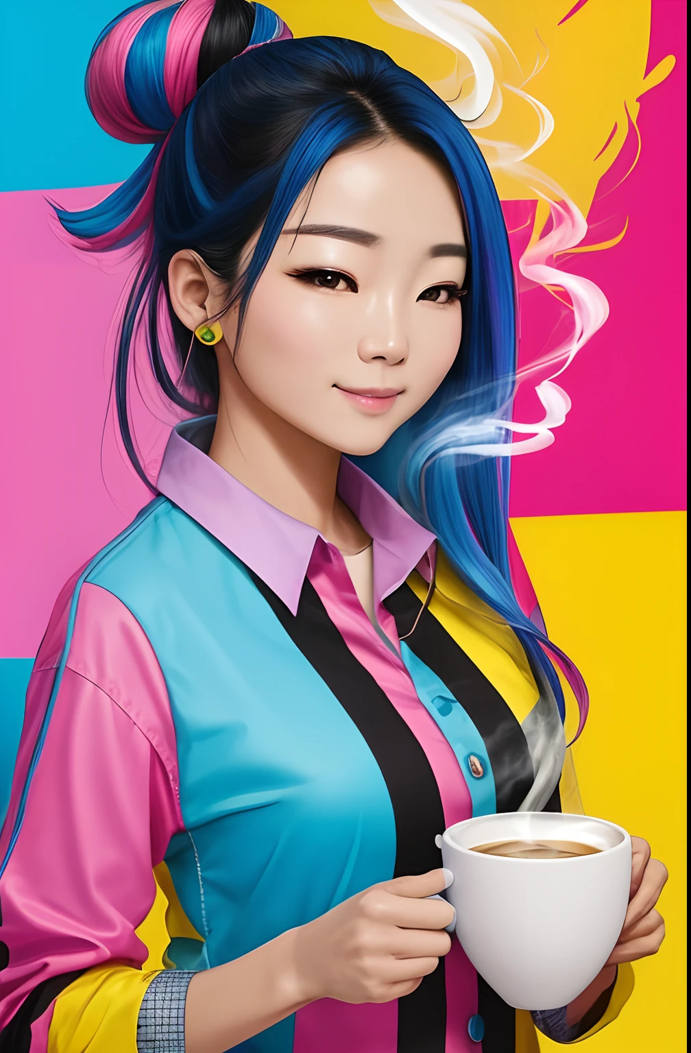 (A BEAUTIFUL HAPPY SOUTH KOREAN WOMAN WITH A NICE CUP OF COFFEE COMING OUT SMOKE IN HER HAND, Beautiful cup ,Coloridas ,pink and blue and yellow WRITTEN WE COOFFE IN THE CUP ),  Eduardo Kobra ,Romero Brito,The Filling Twins ,multidimensional geometric wall PORTRAIT, arte, Chibi,
Yang08k, lindo, Colouring,
Primary works, qualidade superior, melhor qualidade, Arte Oficial, Beautiful and Aesthetic, 128 mil