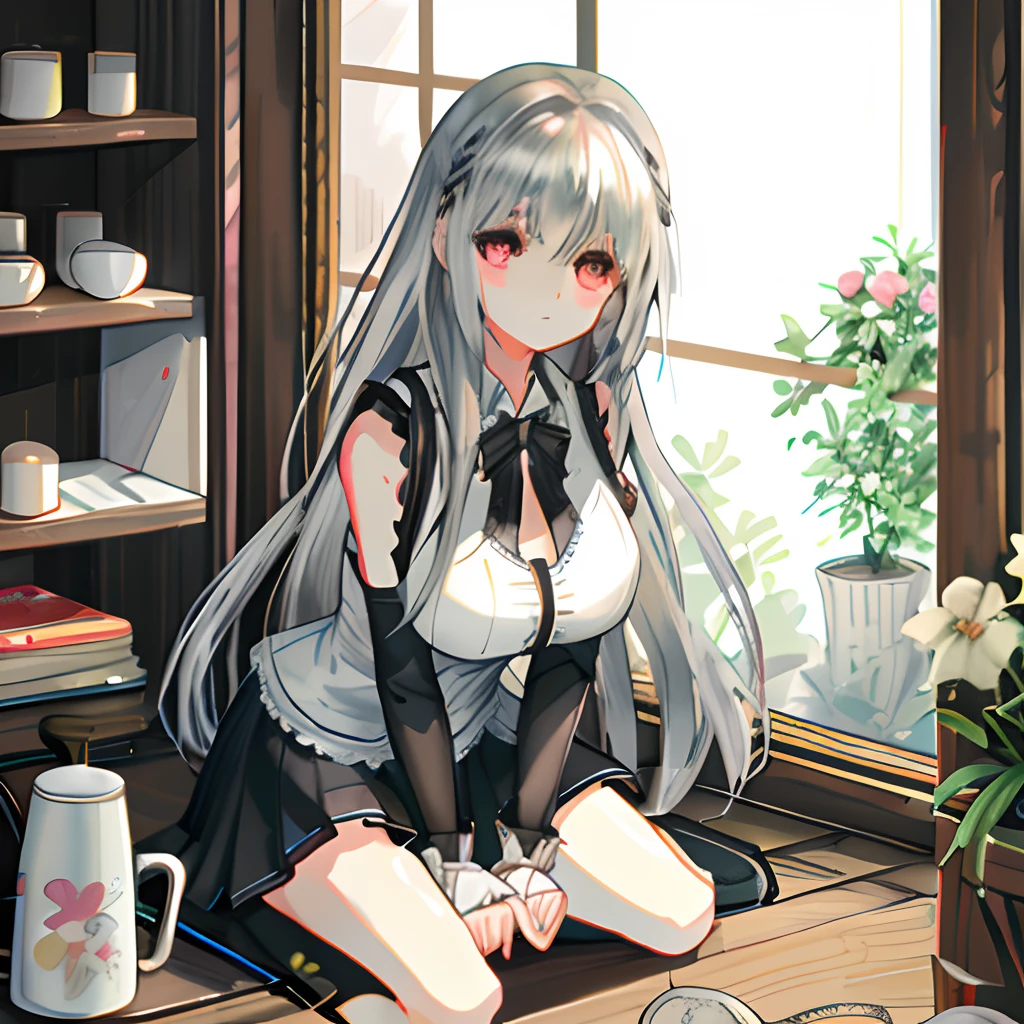 Silver eye,Bare legged, Silver hair, long whitr hair, Lori huge breasts cleavage,blacksilk,a skirt,Poor milk,daily life,one-girl