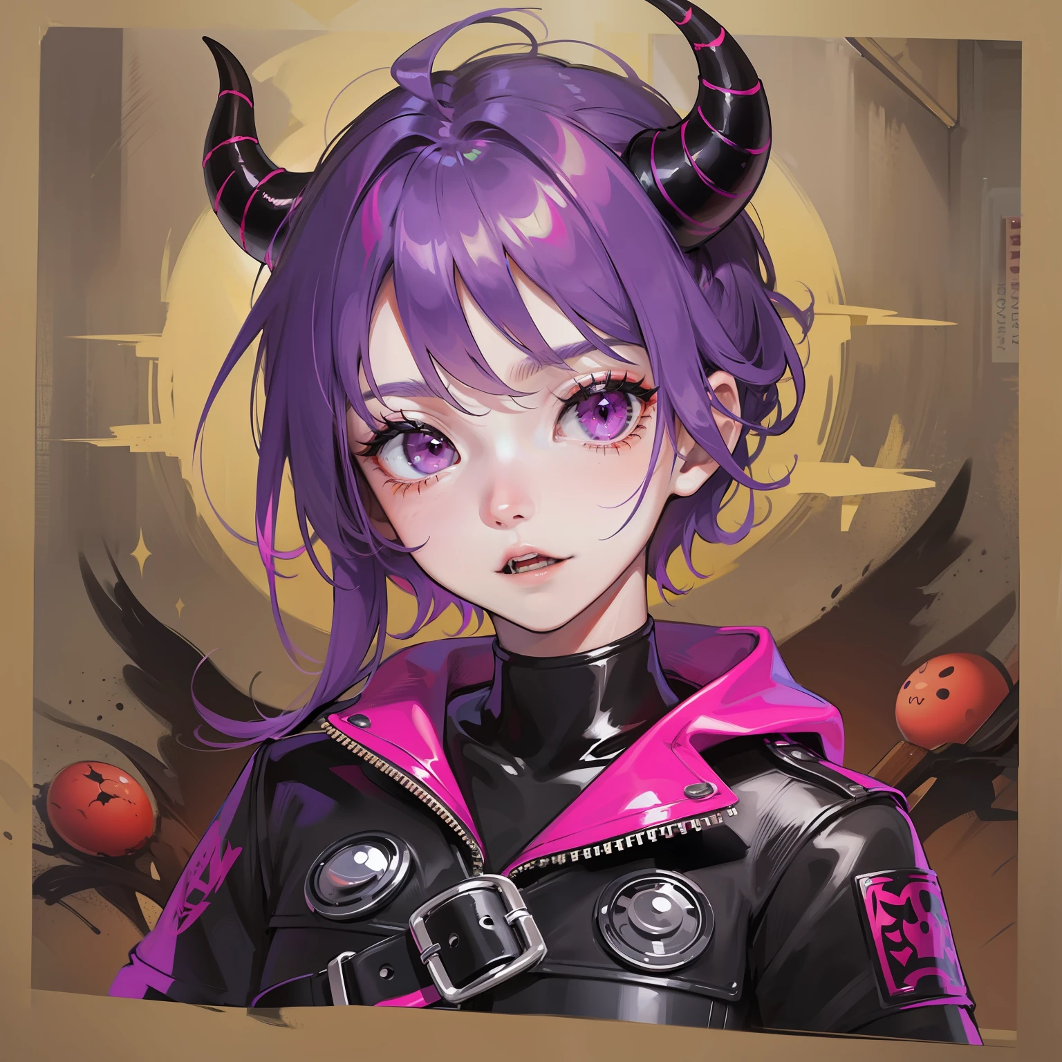 1 ,Bile purple hair,Pink eyes,black leather clothes,Red Devil horn on the head,Little devil,Face portrait