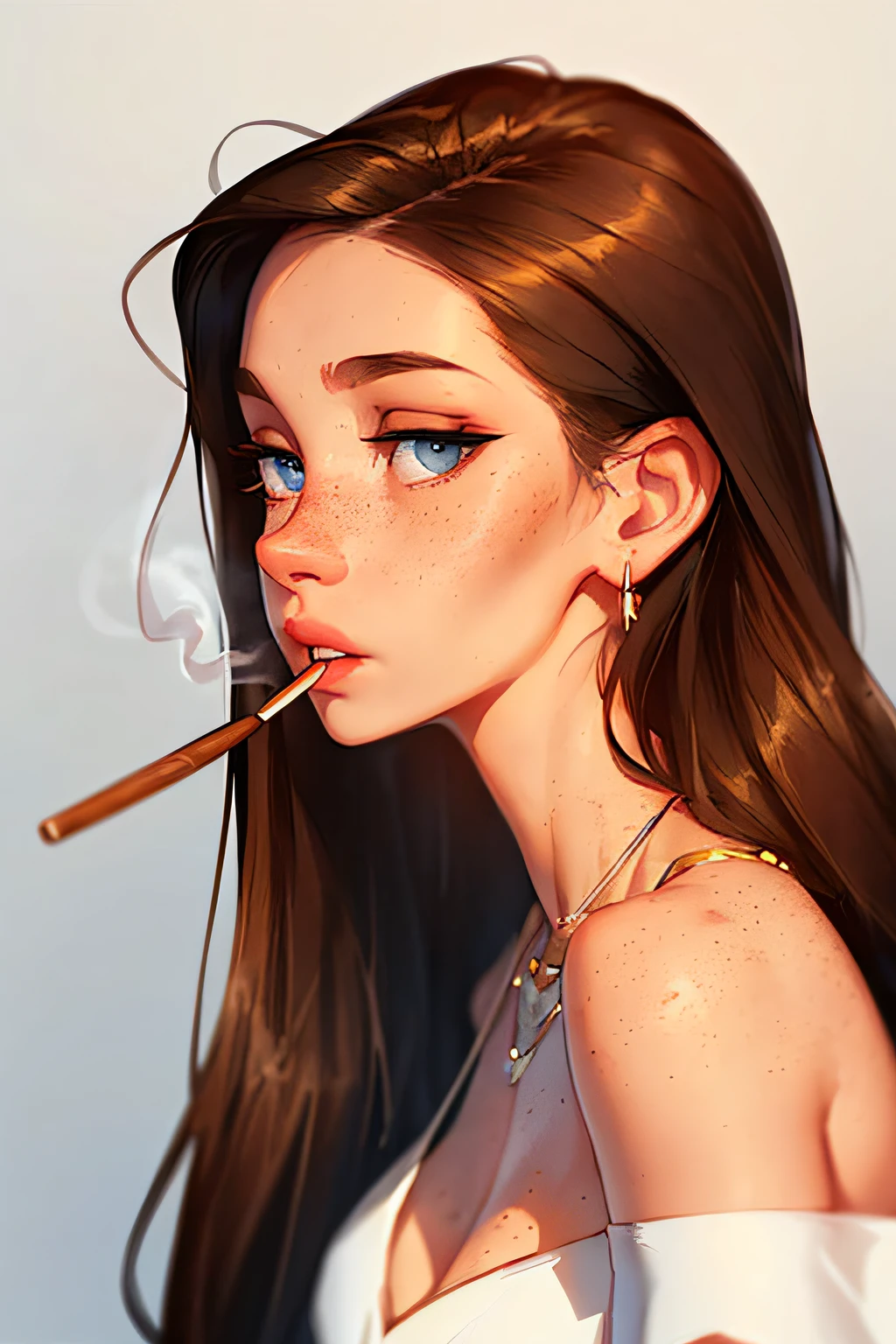 sam yang,
1girl, back, bare shoulders, blue eyes, brown hair, earrings, freckles, jewelry, lips, long hair, looking at viewer, looking back, necklace, off shoulder, parted lips, portrait, day, depth of field, solo, smoking a cigarrette
, ((masterpiece))