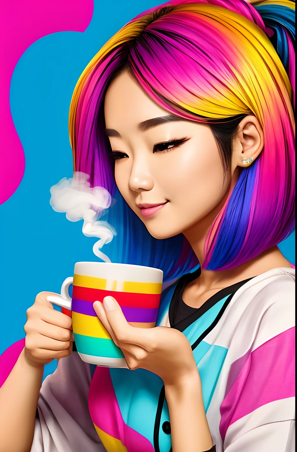 (A BEAUTIFUL HAPPY SOUTH KOREAN WOMAN WITH A NICE CUP OF COFFEE COMING OUT SMOKE IN HER HAND, Beautiful cup ,Coloridas ,pink and blue and yellow WRITTEN WE COOFFE IN THE CUP ), Eduardo Kobra ,Romero Brito,The Filling Twins ,multidimensional geometric wall PORTRAIT, arte, Chibi,
Yang08k, lindo, Colouring,
Primary works, qualidade superior, melhor qualidade, Arte Oficial, Beautiful and Aesthetic, 128 mil
