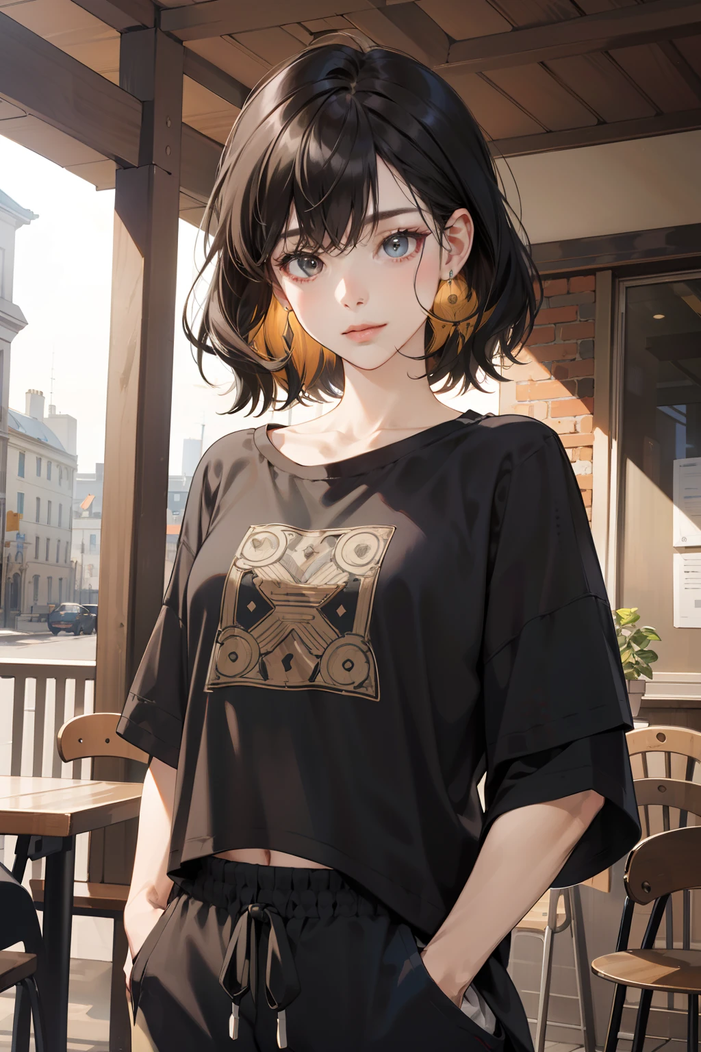 (ridiculous, tall, extremely detailed), 1 girl, mature woman, black hair, slightly curly hair, short hair, flat bangs, layered hair, brown eyes, loose t-shirt, jogger pants , detailed eyes and faces, ultra detailed unity 8k CG wallpaper, intricate details, images, symmetrical patterns, vibrant colors, geometric shapes, enchanting designs, optical illusions, innocent expressive body language, cafe scene, peaceful, idyllic
