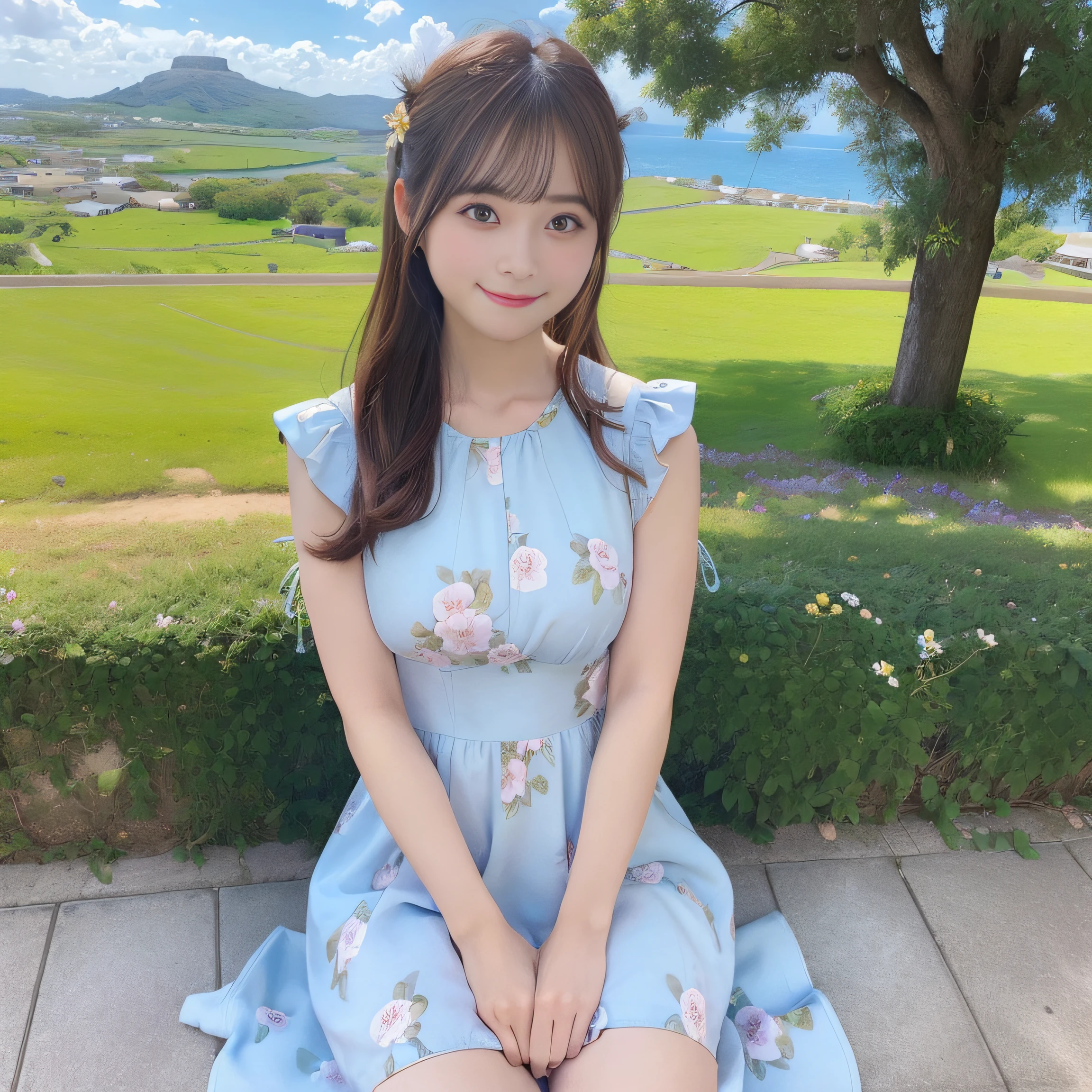 8K、(realisitic、Photorealsitic:1.37)、(masterpiece:1.2)、(top-quality:1.4)、(超A high resolution:1.2)、(RAW Photography:1.2)、(foco nítido:1.3)、(facefocus:1.2)、(full bodyesbian:1.5)、(full body Esbian:1.2)、(30-years old:1.5)、1girl, (solo:1.5), long hair, upper body, (one-piece dress:1.2), Cute dress with floral pattern、 outdoor,Shy smile, blue sky、 landscapes, Hillwith a good view:1.3、beautiful finely detailed eyes、dual、Look at viewers, (cute little),nogizaka、middlebreast、thighs thighs thighs thighs、backshots