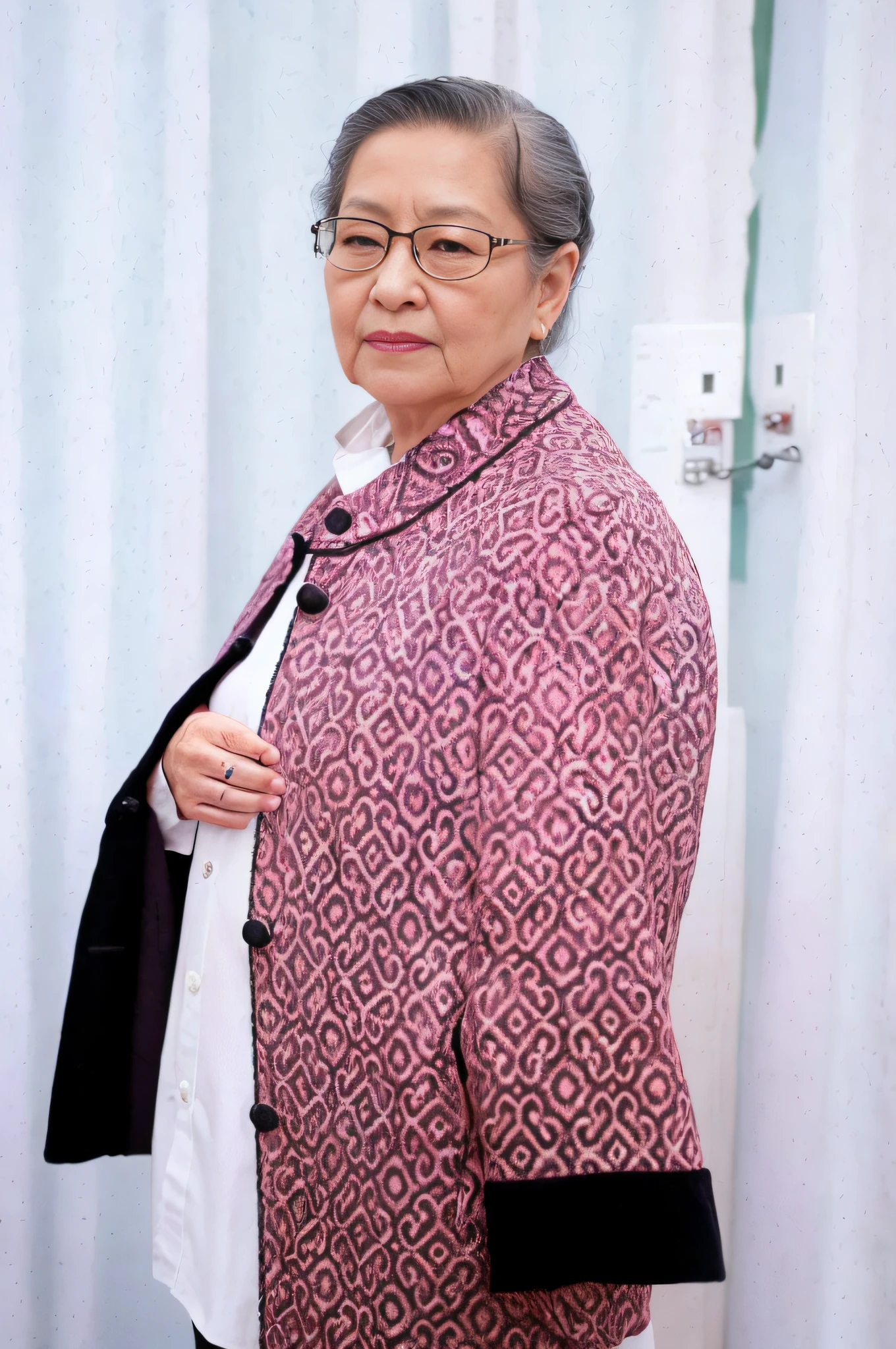 There was a woman wearing a purple jacket and a black tie, she is about 7 0 years old, inspired by Ruth Jên, inspired by Cheng Shifa, 8 0 years old, 80 years old, author：Ruth Jen, cover photo portrait of du juan, with acient chinese clothes, She was about 80 years old, kakar cheung，Retina screen，hyper HD，Textured skin，A high resolution，anatomy correct，atmospheric distance sense，Perspectiva subjetiva，Standing painting style，face ultra details，best qualtiy，8k，Chinese things，Super realistic，Star temperament，Facial super straight detail