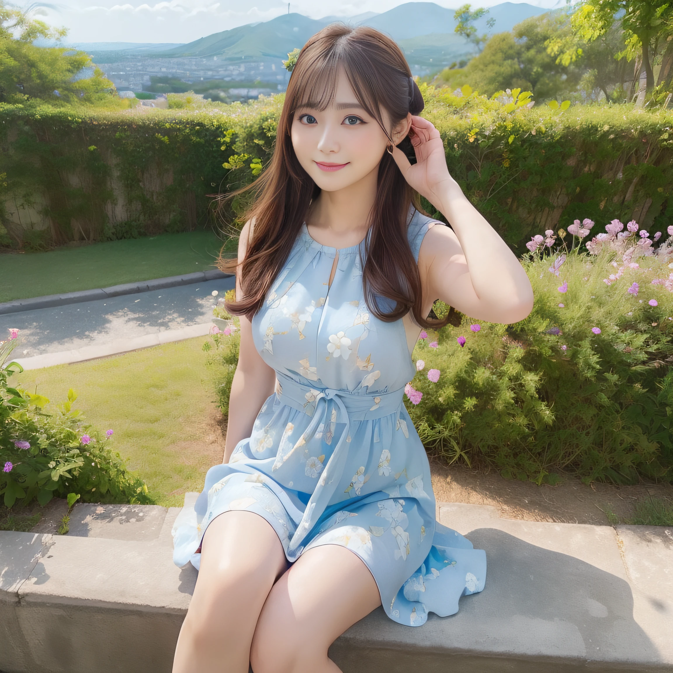 8K、(realisitic、Photorealsitic:1.37)、(masterpiece:1.2)、(top-quality:1.4)、(超A high resolution:1.2)、(RAW Photography:1.2)、(foco nítido:1.3)、(facefocus:1.2)、(full bodyesbian:1.5)、(full body Esbian:1.2)、(30-years old:1.5)、1girl, (solo:1.5), long hair, upper body, (one-piece dress:1.2), Cute dress with floral pattern、 outdoor,Shy smile, blue sky、 landscapes, Hillwith a good view:1.3、beautiful finely detailed eyes、dual、Look at viewers, (cute little),nogizaka、middlebreast、thighs thighs thighs thighs、backshots