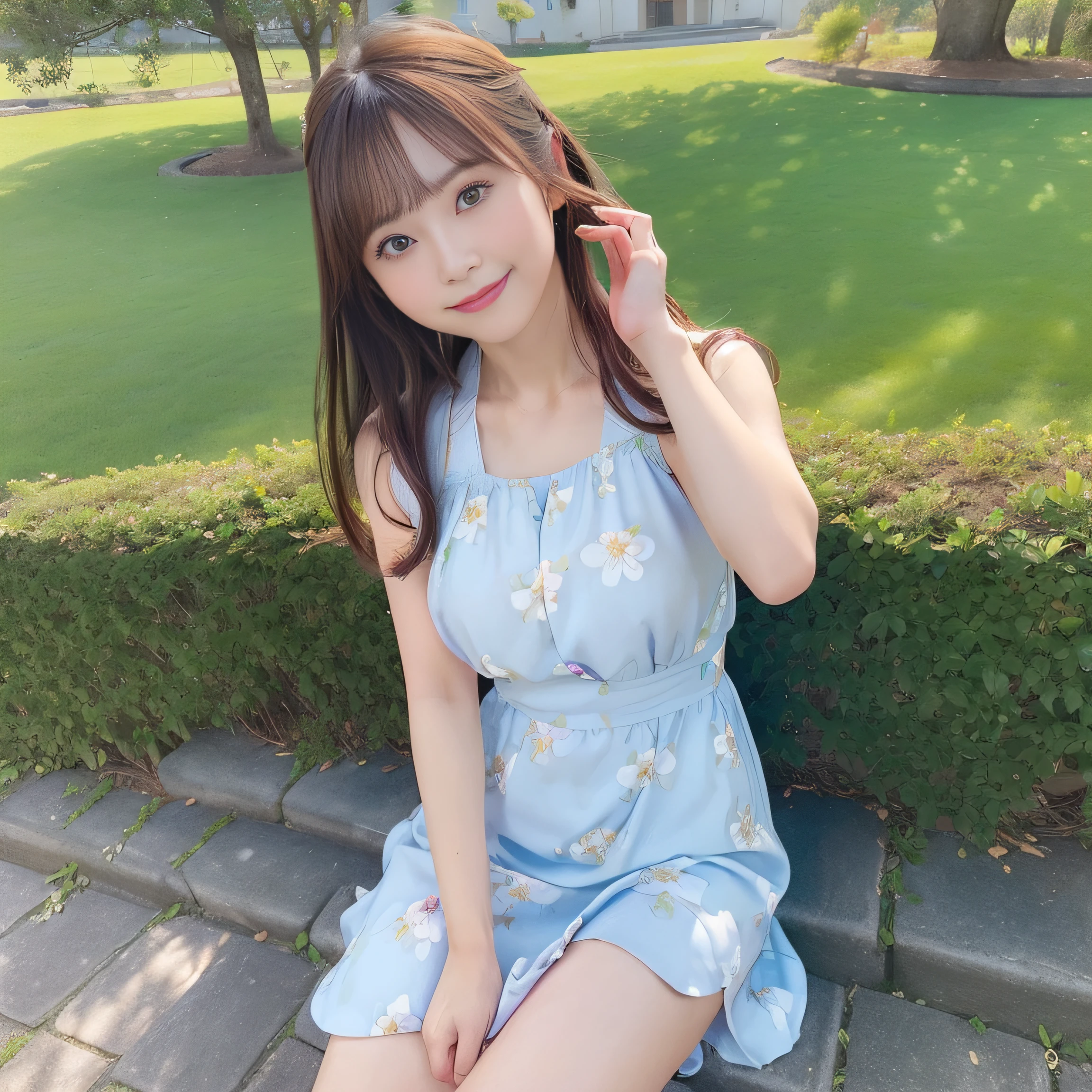 8K、(realisitic、Photorealsitic:1.37)、(masterpiece:1.2)、(top-quality:1.4)、(超A high resolution:1.2)、(RAW Photography:1.2)、(foco nítido:1.3)、(facefocus:1.2)、(full bodyesbian:1.5)、(full body Esbian:1.2)、(30-years old:1.5)、1girl, (solo:1.5), long hair, upper body, (one-piece dress:1.2), Cute dress with floral pattern、 outdoor,Shy smile, blue sky、 landscapes, Hillwith a good view:1.3、beautiful finely detailed eyes、dual、Look at viewers, (cute little),nogizaka、middlebreast、thighs thighs thighs thighs、backshots