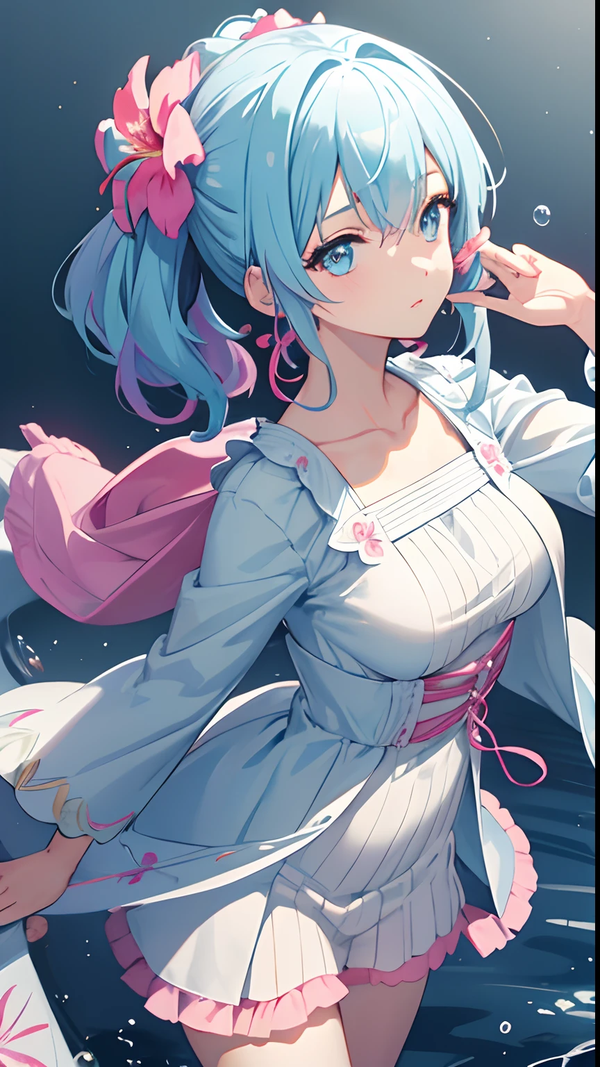 (​masterpiece)、(best qualtiy)、(ultra-detailliert)、(dishevled hair)、(illustratio)、(1 girl in)、(Fashionable clothes)、is standing、fashion modell、see the beholder、(interview)、(simple background)、Fine and beautiful eyes、Delicate beautiful face、Planktonic、(a high chroma)、(colorful water splash)、colorful bubble、(brilliance)、focus on face、poneyTail、Kamisato colorful flowers、lightblue hair、bangss、hair rings、Floating flowers、Floating hairs、（SHINES）、The best lighting、Best Shadows、nipples are pink