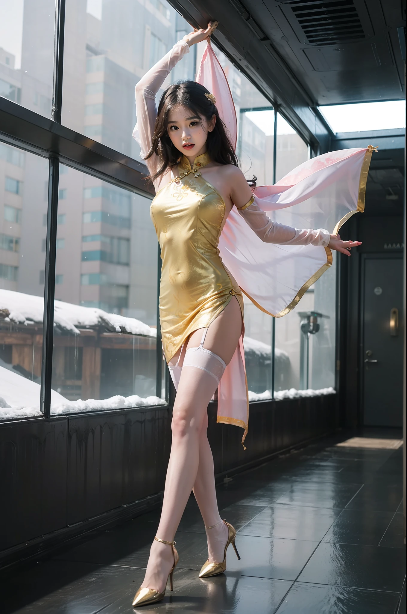 (full bodyesbian:2),(1girll:1.2)，(Reveal high heels，A perfect match to the picture:1.1)， (anatomy correct:1.3), (Extra long stockings:1.2)，(Cyberpunk city characters|Underground|At the summit|on a snowy mountain|over the sea|in  the water|On the boat|Top of high-rise building|On the street|in woods|at the lakes|In front of the waterfall|in an airplane|In space|In the palace|In glass|In the sewers|In the mud|in a Petri dish|In nuclear wastewater|In venom|The metropolis of the future|In the deep sea|:1.1)，(dancing posture:1.3)，(Wearing a gold-printed Republic of China cheongsam:1.25)，(Wear extra-long gloves:1.25)， (Polished pointed toe heels:1.2), (Stockings reflective:1.2)，(In pink|amarelo|blue colors|green color|red colour|white colors|black in color|purpleish color|greys|Beige|Flesh-colored:1.2)，(Accurate and perfect face:1.4)，A shallow laugh,,hyper HD, Ray traching, reflective light，structurally correct, Award-Awarded, high detal, lightand shade contrast, Face lighting，cinmatic lighting, tmasterpiece, super detailing, high high quality, high detal, best qualityer, 16k，