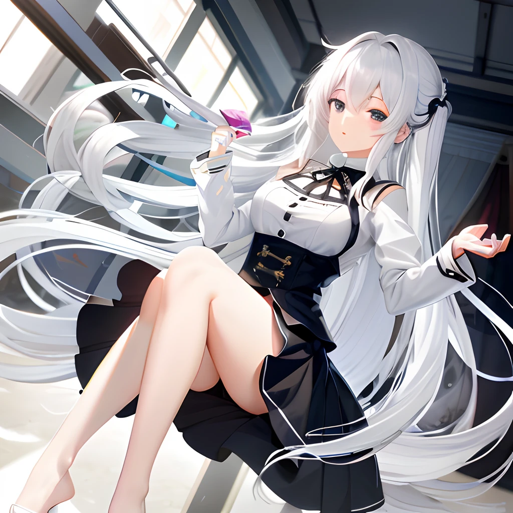 Anime - Stylistic image of a woman with long white hair sitting on a windowsill, azur lane style, Perfect white haired girl, White-haired god, Best anime 4k konachan wallpaper, seductive anime girls, white haired Cangcang, from girls frontline, Smooth anime CG art, Anime girl with long hair, girls frontline style, Fine details. Girl front, White-haired，karate