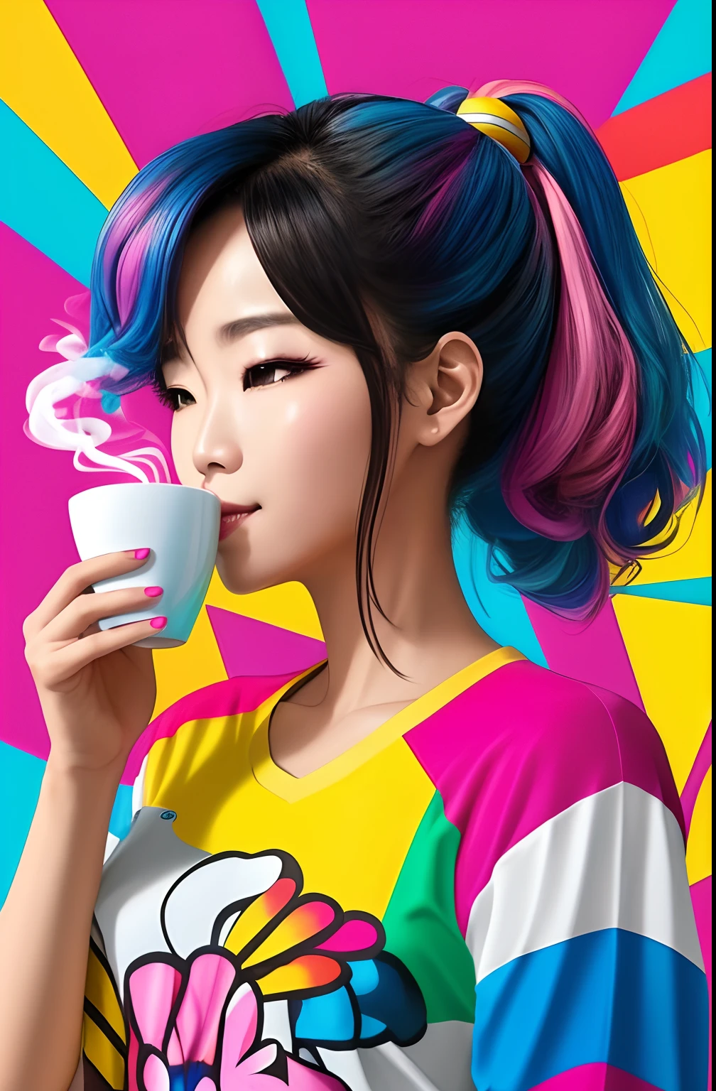 (A BEAUTIFUL HAPPY SOUTH KOREAN WOMAN WITH A NICE CUP OF COFFEE COMING OUT SMOKE IN HER HAND, Beautiful cup ,Coloridas ,pink and blue and yellow WRITTEN WE COOFFE IN THE CUP ), Eduardo Kobra ,Romero Brito,The Filling Twins ,multidimensional geometric wall PORTRAIT, arte, Chibi,
Yang08k, lindo, Colouring,
Primary works, qualidade superior, melhor qualidade, Arte Oficial, Beautiful and Aesthetic, 128 mil
