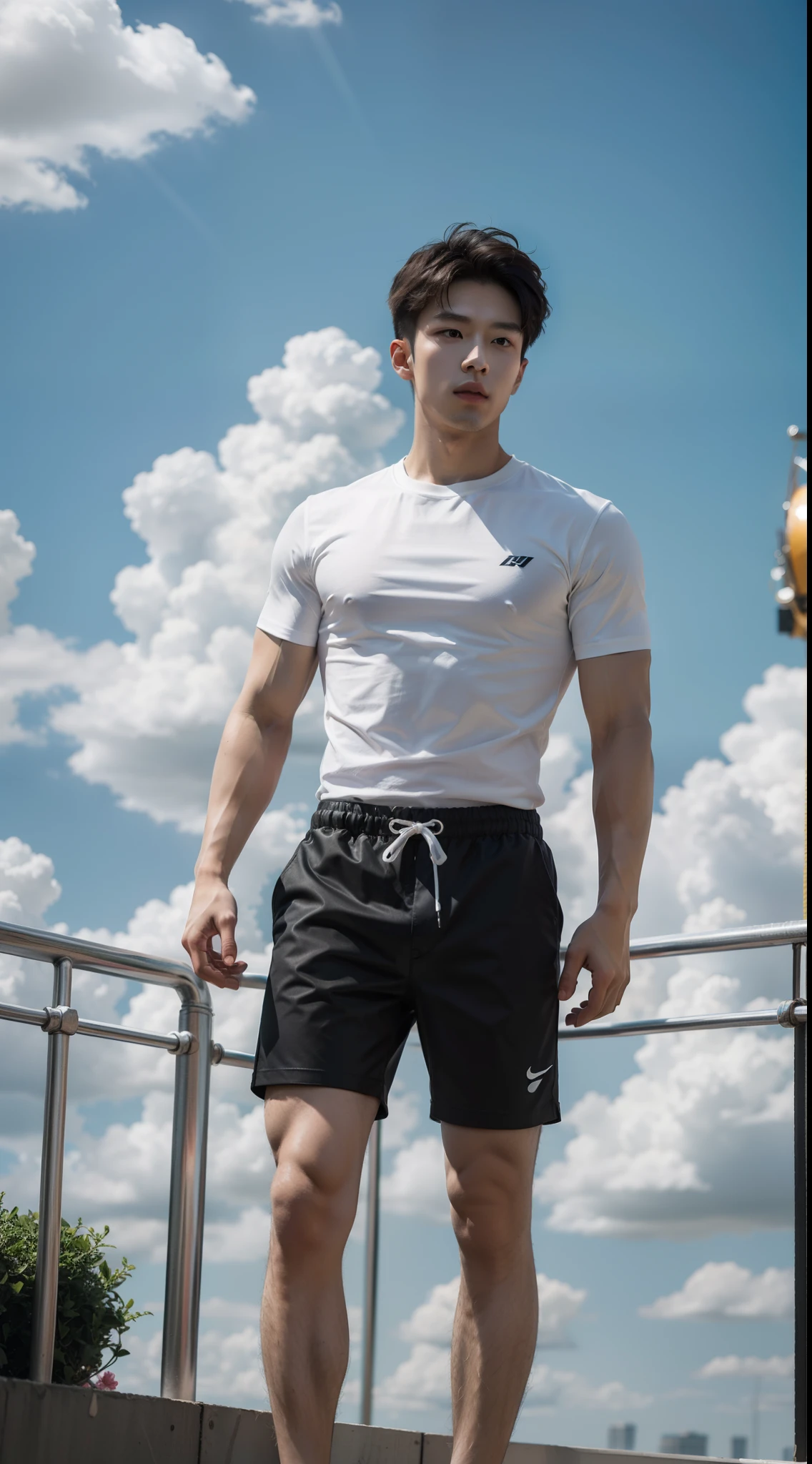 Xiao Zhan's face，short sleeved shirt，Leaky knee shorts，full body detailing，Ultra-high quality images，hyper realisitc，Realiy，musculature，Clear background Ferris wheel blue sky white clouds，