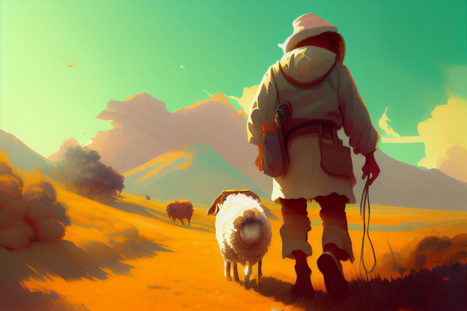 wtrcolor style, a pastoralist, sheep, handsize schoolhouse in the background, sky of flax