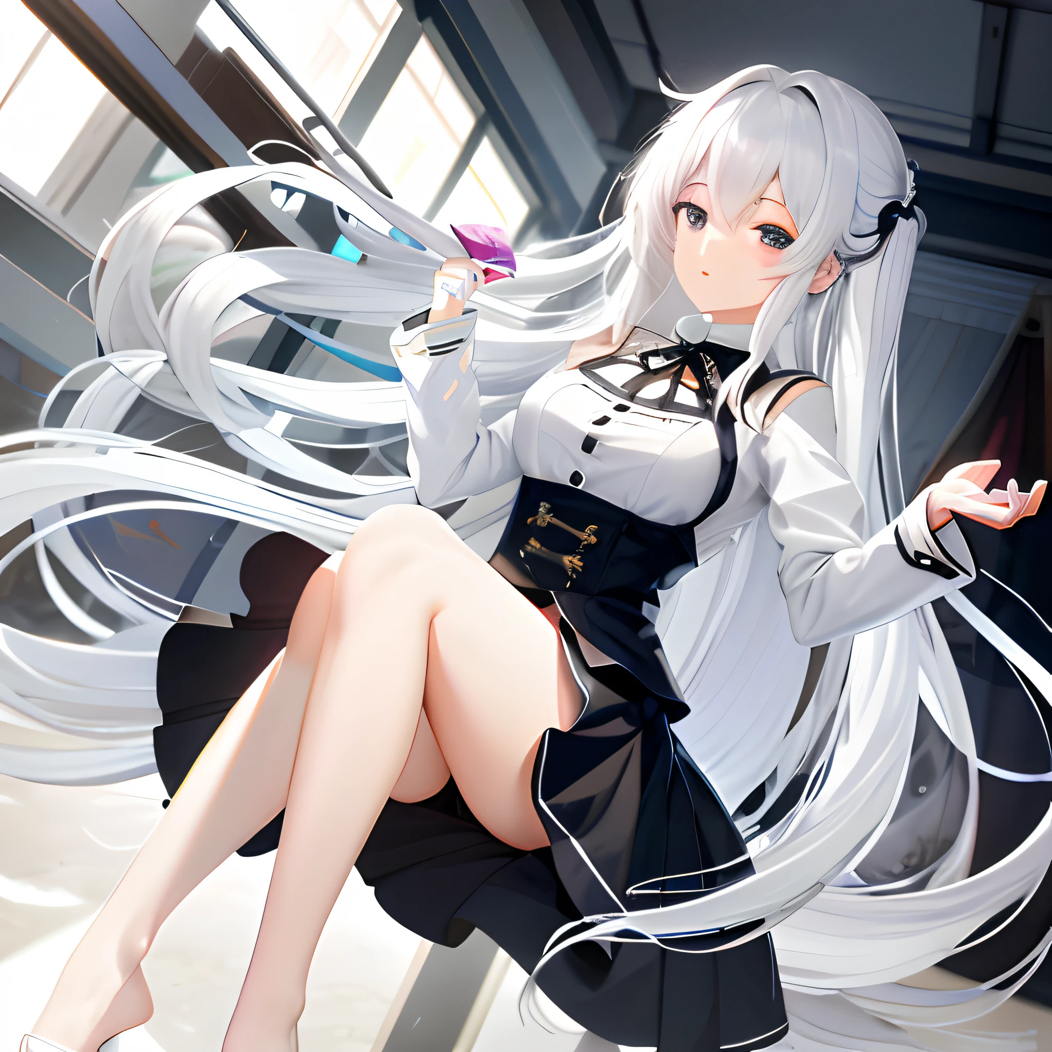 Anime - Stylistic image of a woman with long white hair sitting on a windowsill, azur lane style, Perfect white haired girl, White-haired god, Best anime 4k konachan wallpaper, seductive anime girls, white haired Cangcang, from girls frontline, Smooth anime CG art, Anime girl with long hair, girls frontline style, Fine details. Girl front, White-haired，karate