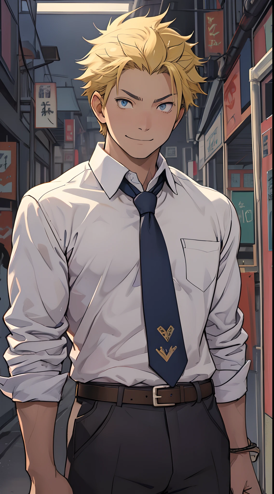 (1 Adult male),A high resolution, Sharp focus, Pixiv masterpiece, ((Complicated details)), highly detailed, natsuki_subaru, 1 man, ssmile,full bodyesbian,Reached, blue color eyes(eyes glowing), Short yellow hair,white shirt,Wear a tie,Wear a belt,perspire,look from down