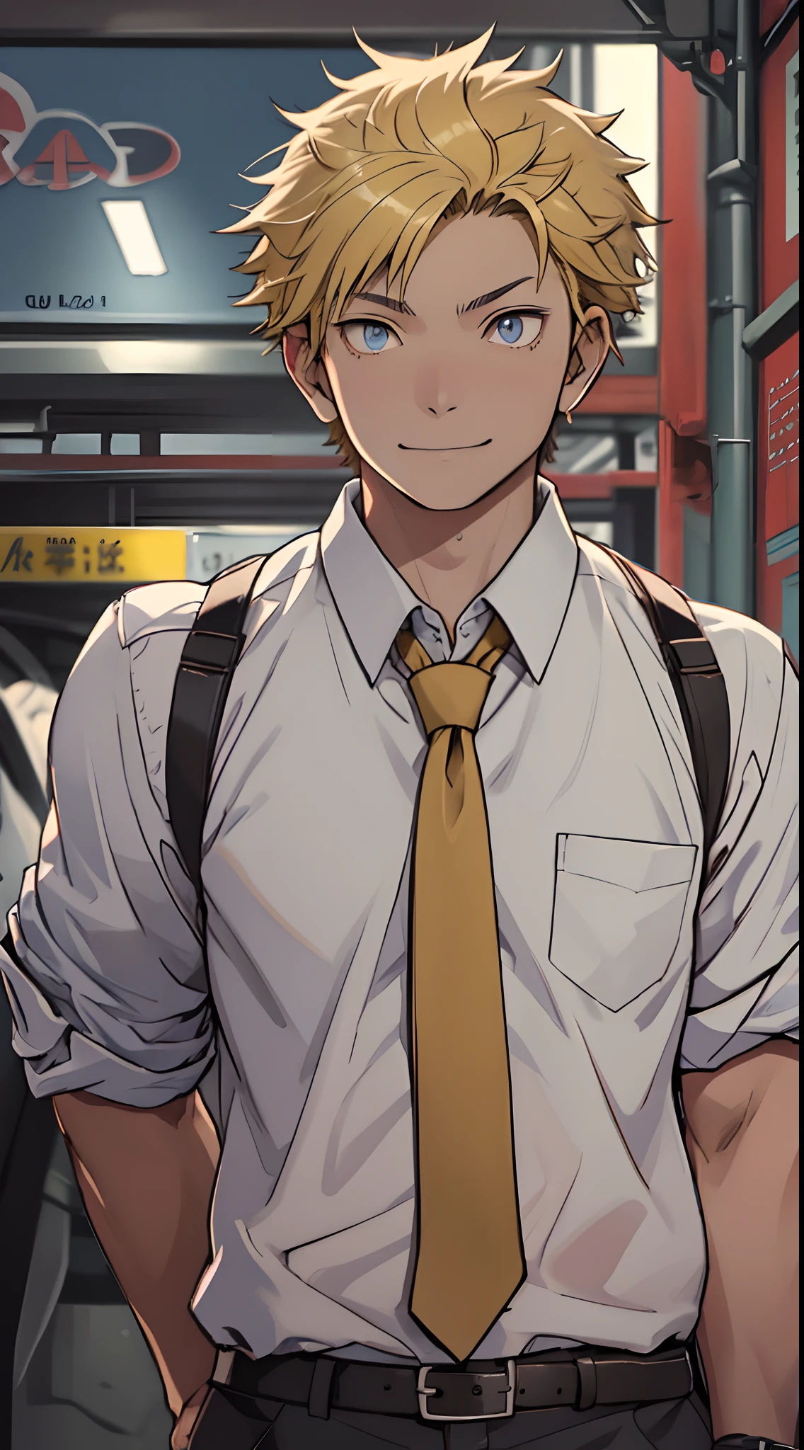 （1 Adult male），A high resolution， Sharp focus， Pixiv masterpiece， （（Complicated details））， highly  detailed， natsuki_subaru， 1 man， ssmile，full bodyesbian，Reached， blue color eyes（eyes glowing）， Short yellow hair，white  shirt，Wear a tie，Wear a belt，perspire，look from down