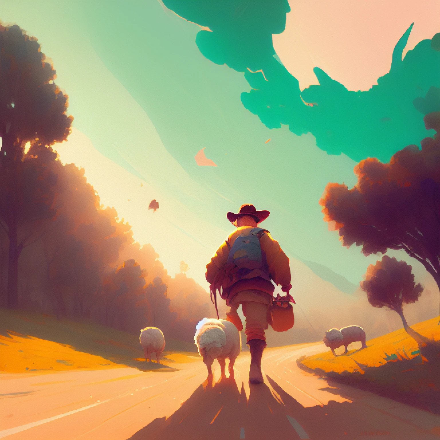 wtrcolor style, a pastoralist, fat sheep, (schoolhouse far away), flax sky
