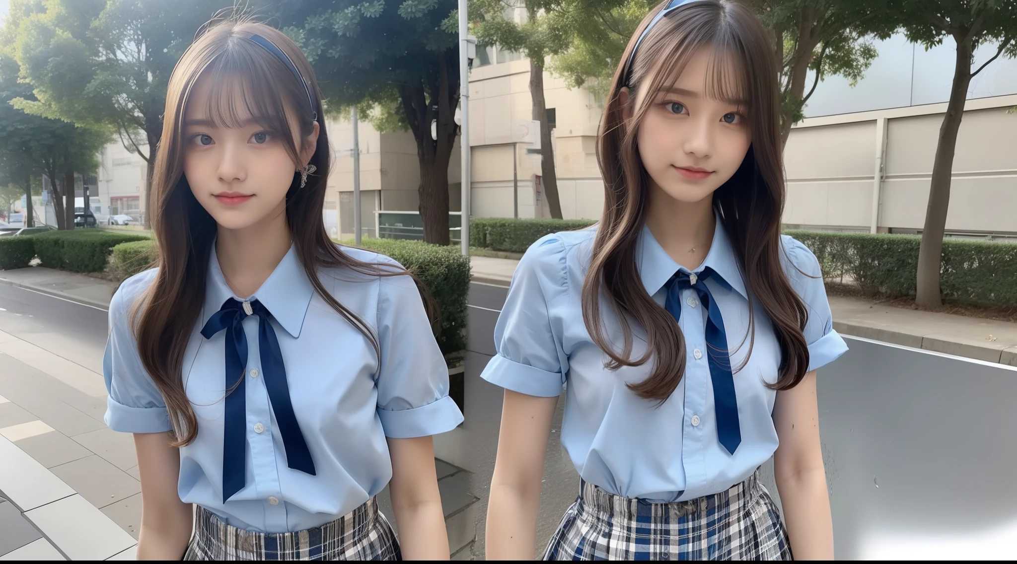 18-year-old high school girl in light blue ribbon shirt and miniskirt