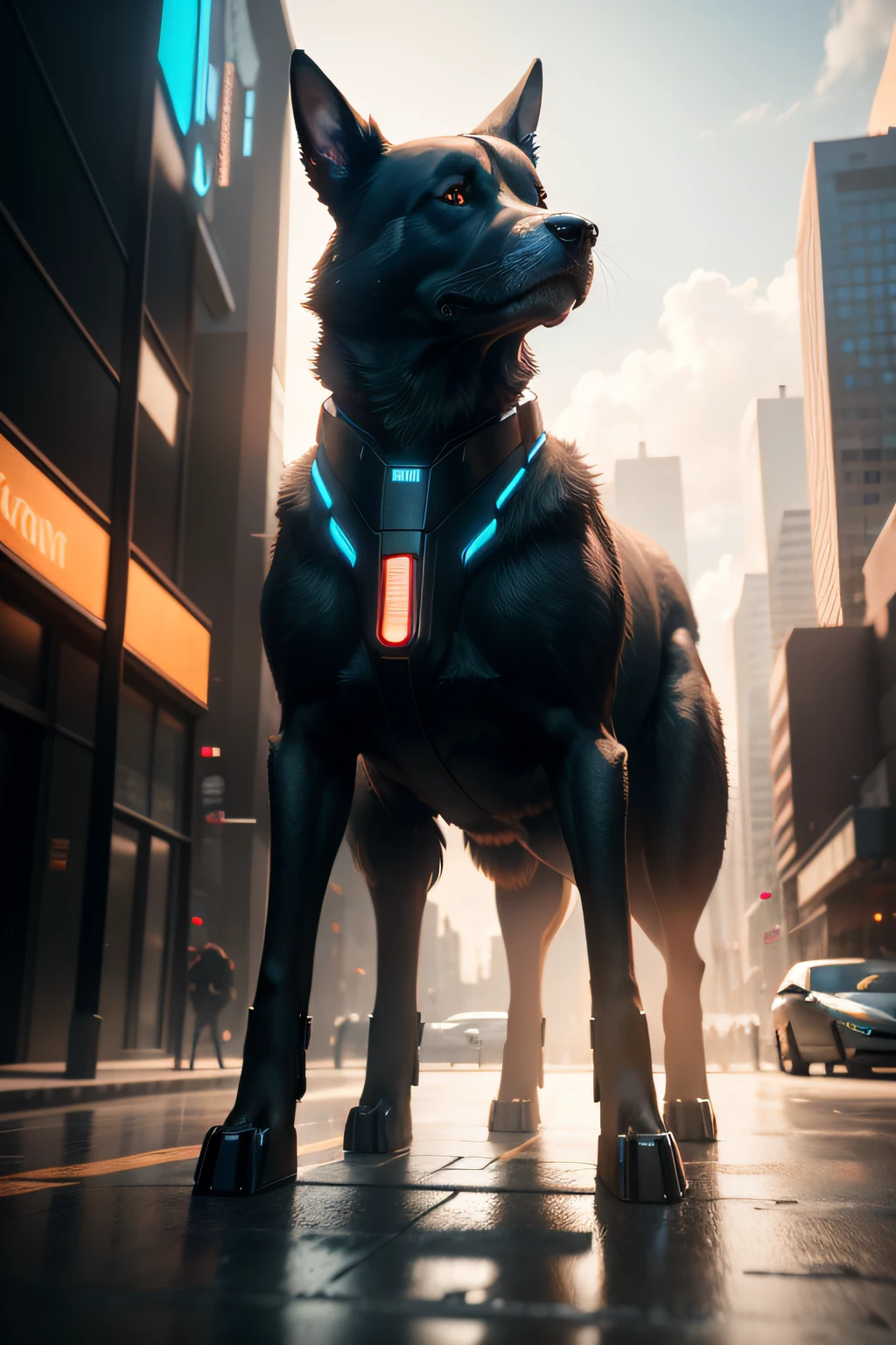 Create an image of a sleek, futuristic machine dog standing on a city street. The dog should be made of shiny metal and have glowing blue eyes. It should be roughly the size of a large German Shepherd and have sharp, angular features. In the background, there should be tall, futuristic buildings with neon lights. The overall tone should be one of power and technology, mist, photorealistic, octane render, unreal engine, hyper detailed, volumetric lighting, hdr.