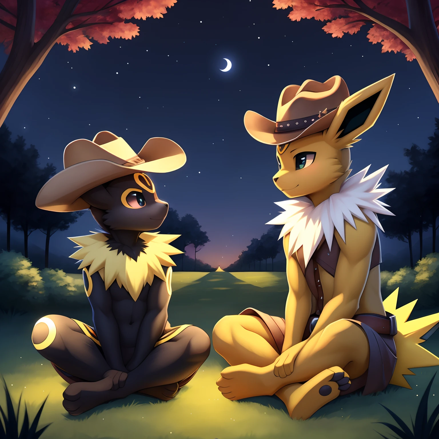 "Umbreon and Jolteon, in a stunning art style, donning stylish cowboy hats and fashionable sunglasses. They are depicted sitting in a serene park, under the enchanting night sky. Two boys enjoying a moment of tranquility."