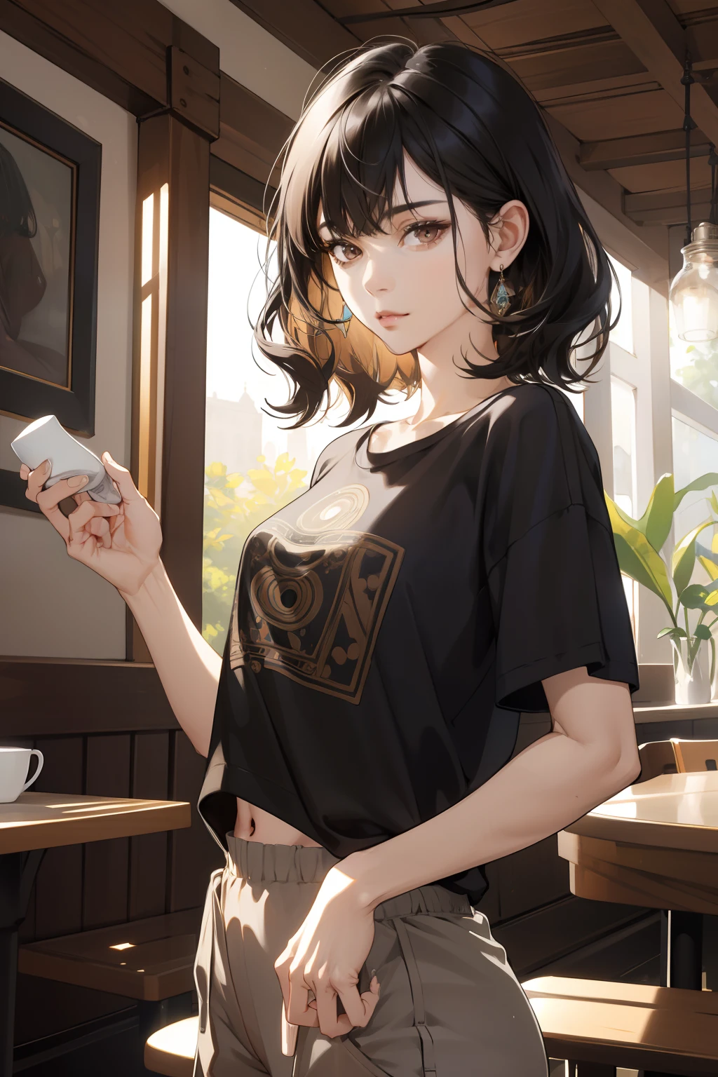 (ridiculous, tall, extremely detailed), 1 girl, mature woman, black hair, slightly curly hair, short hair, flat bangs, layered hair, brown eyes, loose t-shirt, jogger pants , detailed eyes and faces, ultra detailed unity 8k CG wallpaper, intricate details, images, symmetrical patterns, vibrant colors, geometric shapes, enchanting designs, optical illusions, innocent expressive body language, cafe scene, peaceful, idyllic