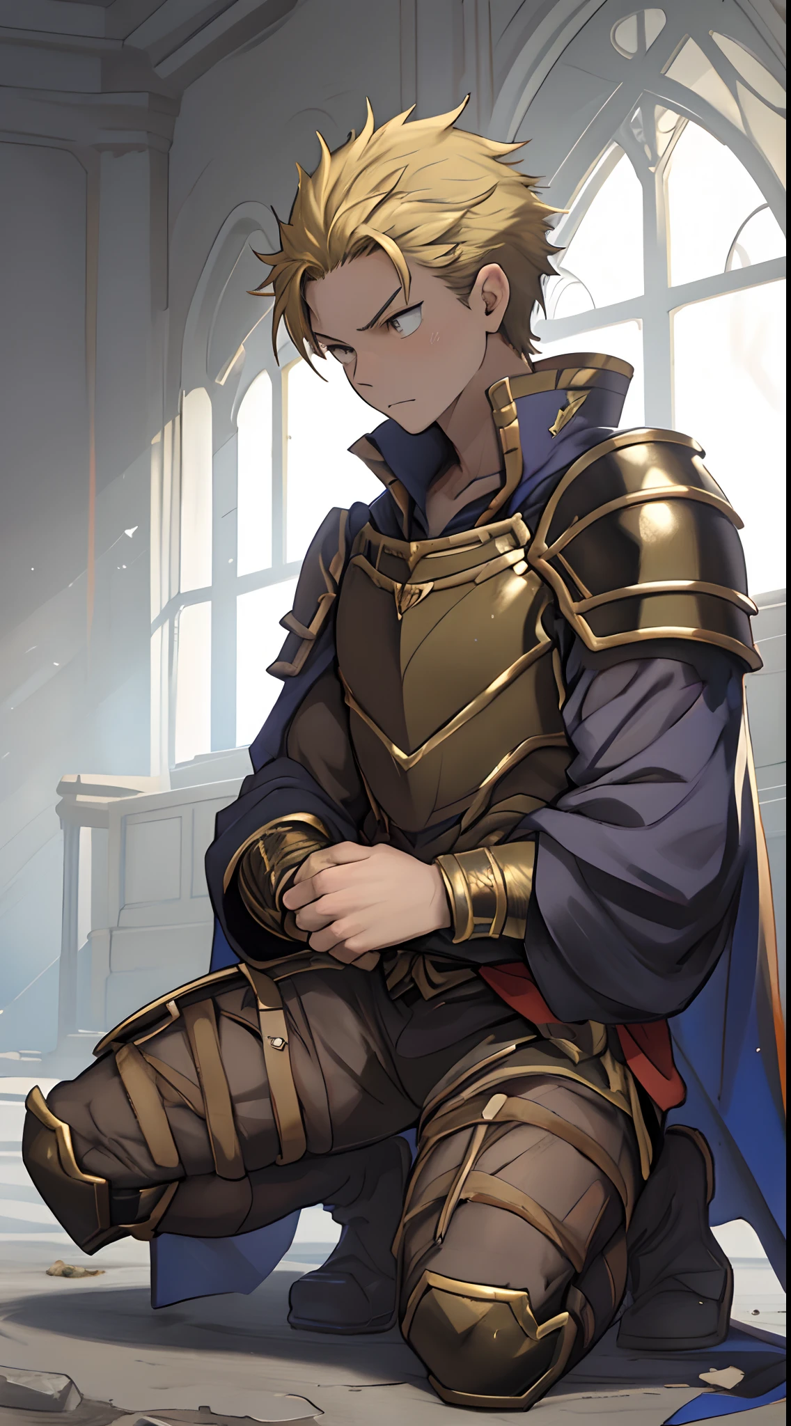 (1 Adult male),A high resolution, Sharp focus, Pixiv masterpiece, ((Complicated details)), highly detailed, natsuki_subaru, 1 man,Defeat, crestfallen,full bodyesbian,kneels on the ground, (A gesture of pleading),blue color eyes(eyes glowing), Short yellow hair,cloaks,Armour,Shoulder armor,perspire,look from down