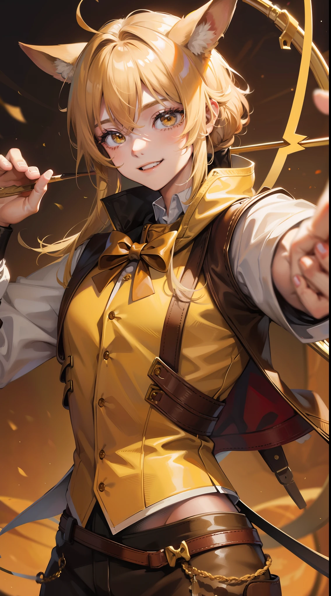 Young guy, blonde hair with brown strands, Yellow eyes, brown rabbit ears, Smile, Bow and arrow, Masterpiece, hiquality
