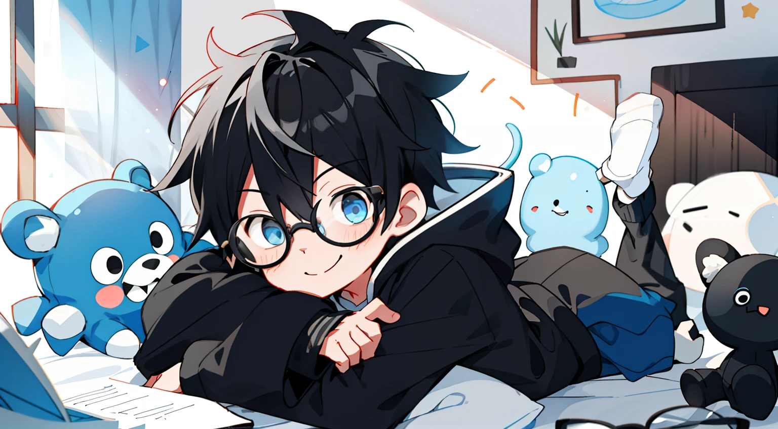 boy boy, black and white hair, wear round glasses, blue eyes, shyness, smiling, Hugging stuffed animals, Wear an oversize hoodie, short black pants, Black socks, Standing in front of the mirror