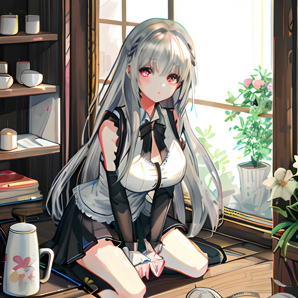 Anime girl sitting on table holding a book and a cup, anime girl in a maid costume, small curvaceous , lolidress, gorgeous maid, Maid outfit, Guweiz in Pixiv ArtStation, Loli, Dil art on Pixiv, Kantai collection style, from girls frontline, Splash art anime Loli, White-ed god