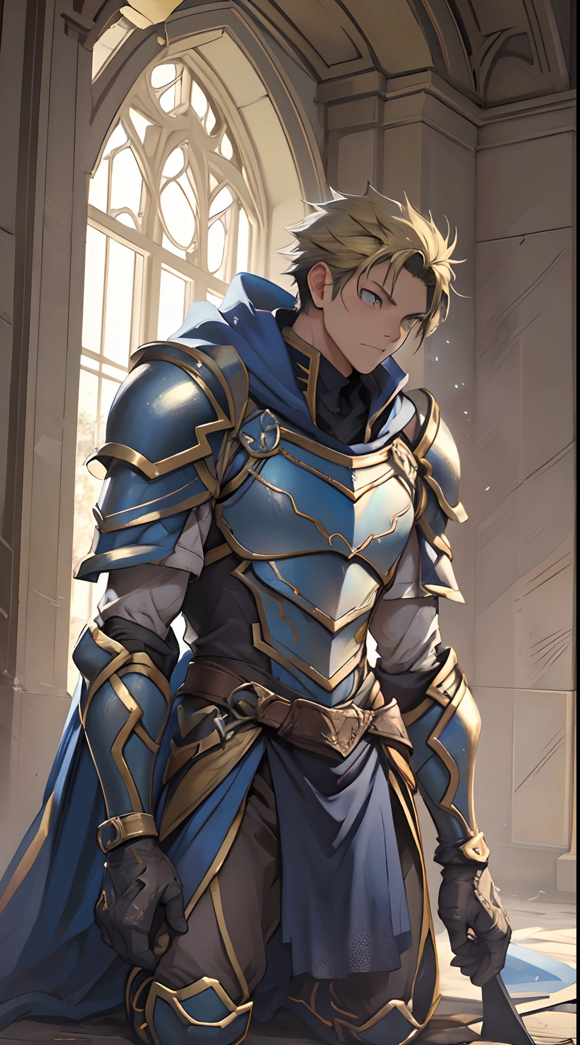 （1 Adult male），A high resolution， Sharp focus， Pixiv masterpiece， （（Complicated details））， highly  detailed， natsuki_subaru， 1 man，Defeat， crestfallen，full bodyesbian，kneels on the ground， （A gesture of pleading），blue color eyes（eyes glowing）， Short yellow hair，cloaks，Armour，Shoulder armor，perspire，look from down