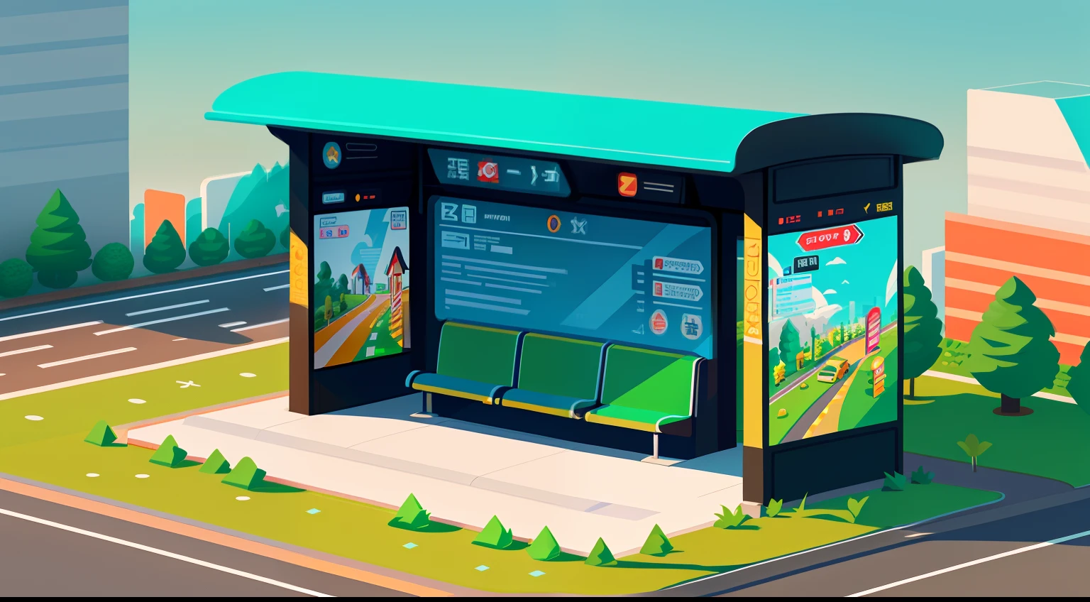 Isometric style，120 degrees accurate，Polyart，On the side of the road，There is a bus stop，There are a lot of billboards, Three digital billboards in the middle, Electronic billboards, Super detail，Super detail，Super detail，Super detail，Super detail，3D stylized scene