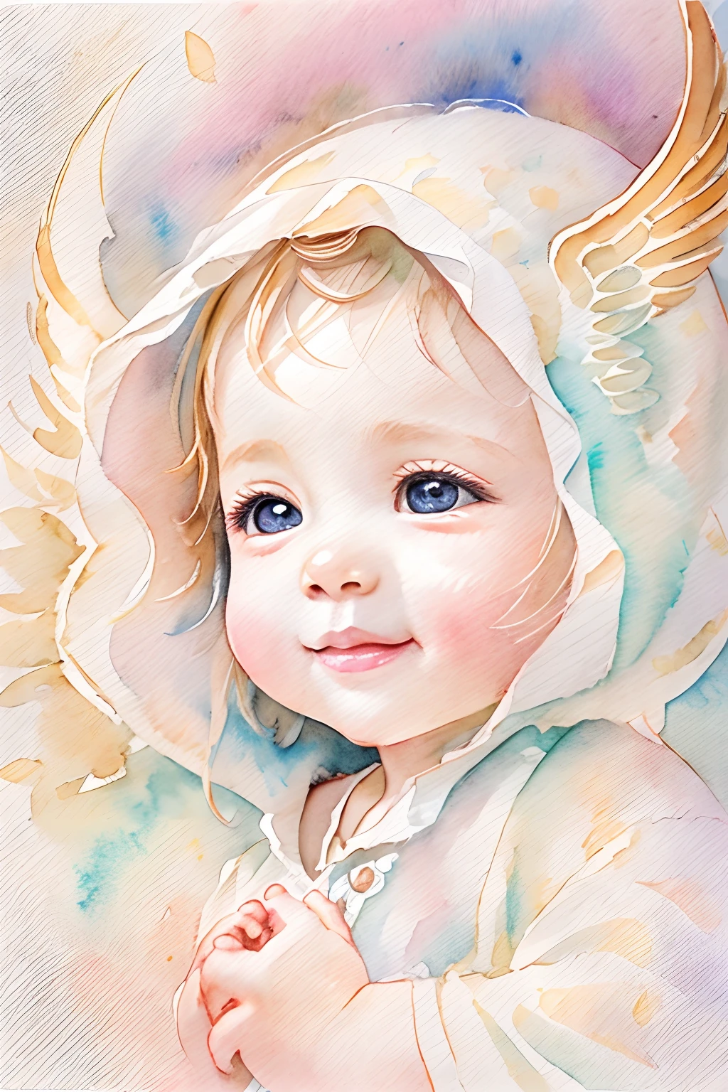 Blessings of Angels､Bright background、heart mark、tenderness､A smile、Gentle､Baby Angel、watercolor paiting