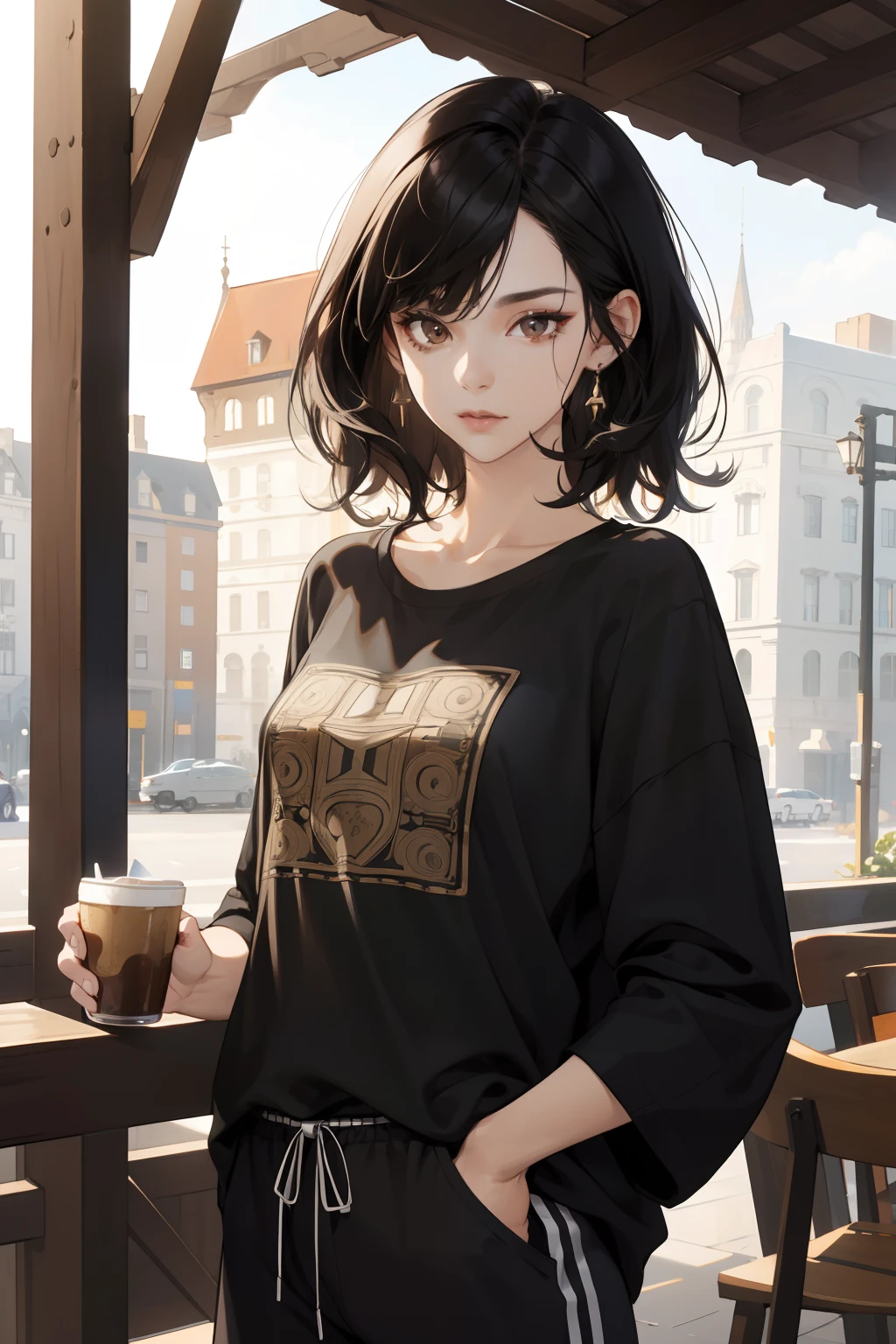(ridiculous, tall, extremely detailed), 1 girl, mature woman, black hair, slightly curly hair, short hair, flat bangs, layered hair, brown eyes, loose t-shirt, jogger pants , detailed eyes and faces, ultra detailed unity 8k CG wallpaper, intricate details, images, symmetrical patterns, vibrant colors, geometric shapes, enchanting designs, optical illusions, innocent expressive body language, cafe scene, peaceful, idyllic