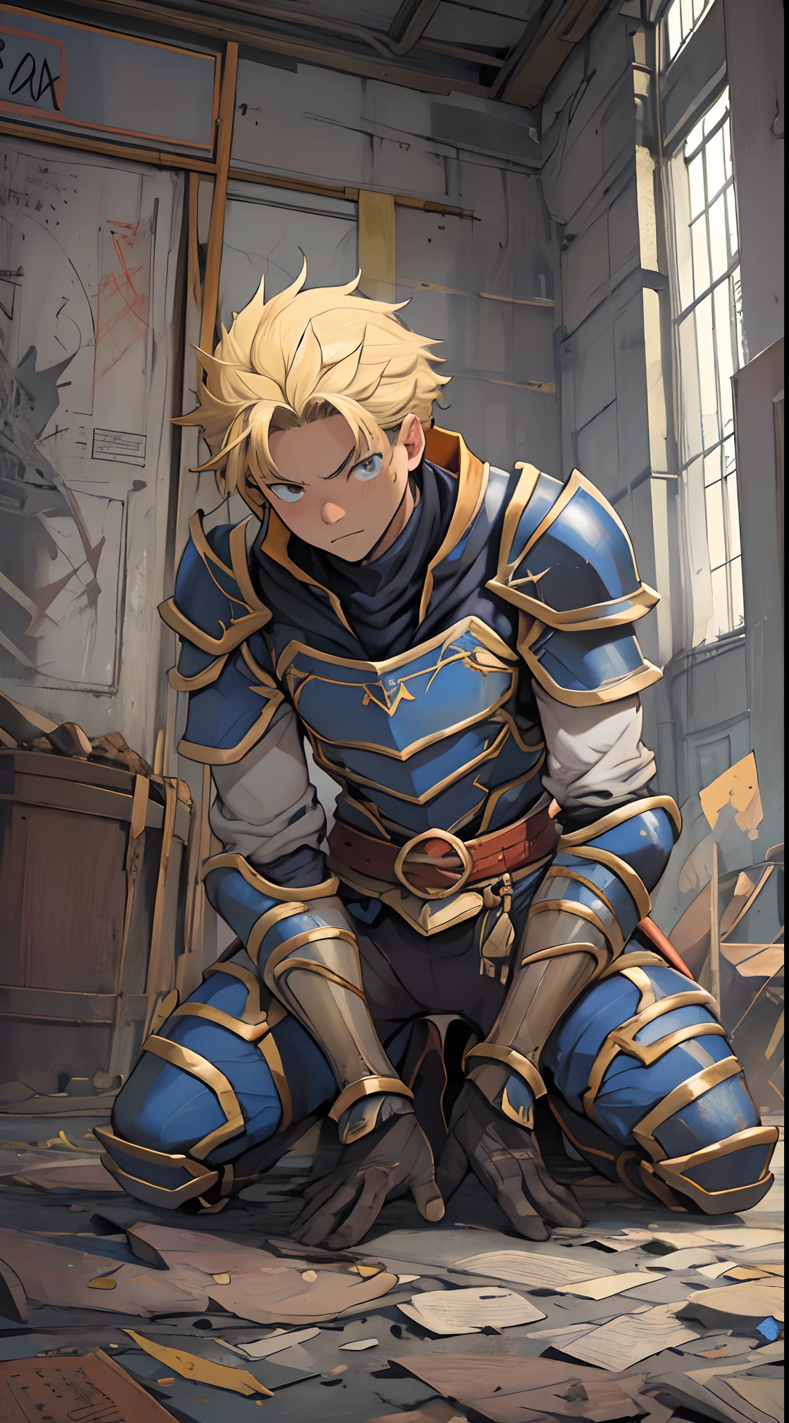 (1 Adult male),A high resolution, Sharp focus, Pixiv masterpiece, ((Complicated details)), highly detailed, natsuki_subaru, 1 man,Defeat, crestfallen,full bodyesbian,kneels on the ground, (A gesture of pleading),blue color eyes(eyes glowing), Short yellow hair,cloaks,Armour,Shoulder armor,perspire,look from down