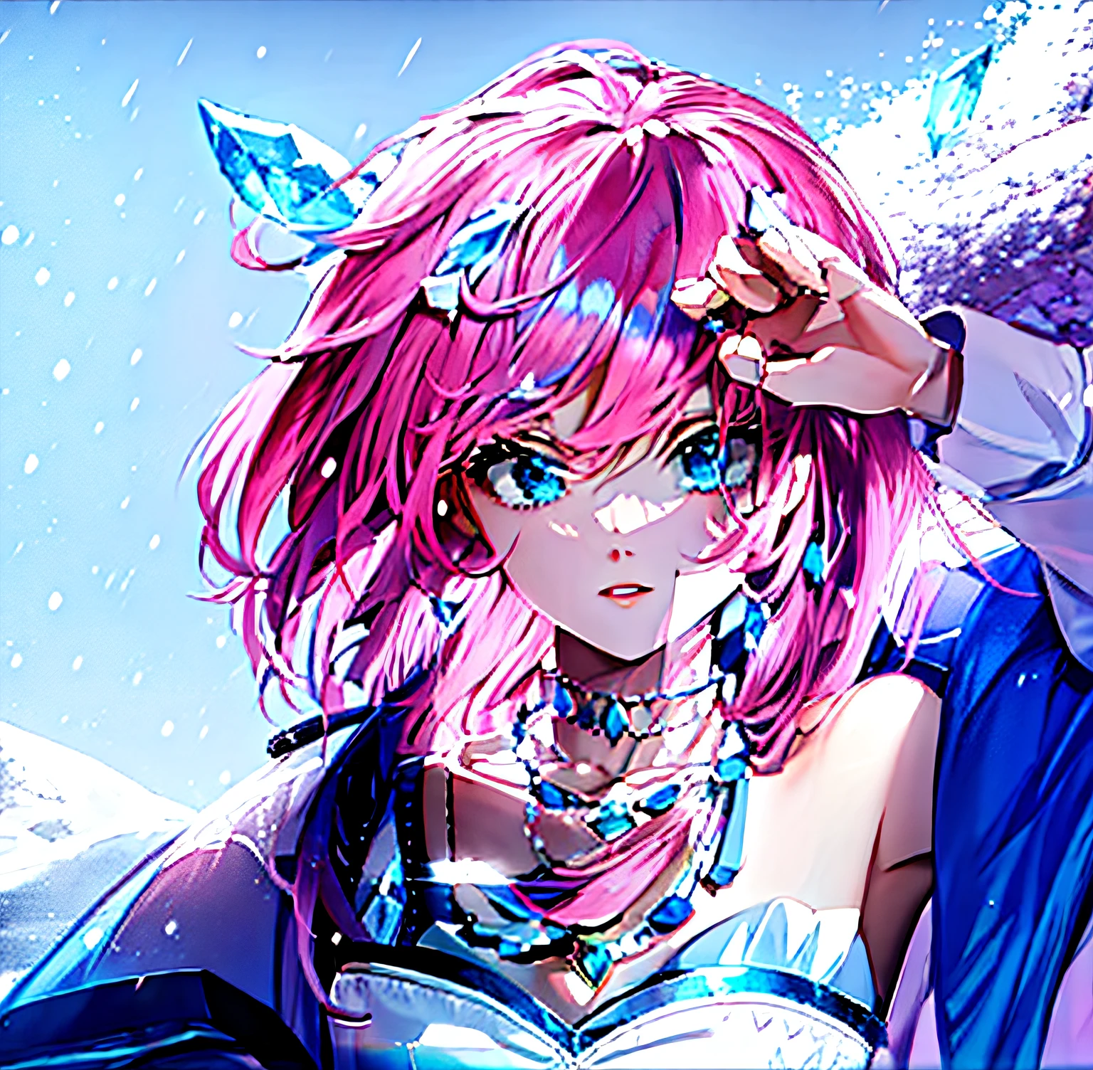 Pink hair and blue eyes，Snow-white shoulders exposed，Wearing a blue diamond-shaped necklace