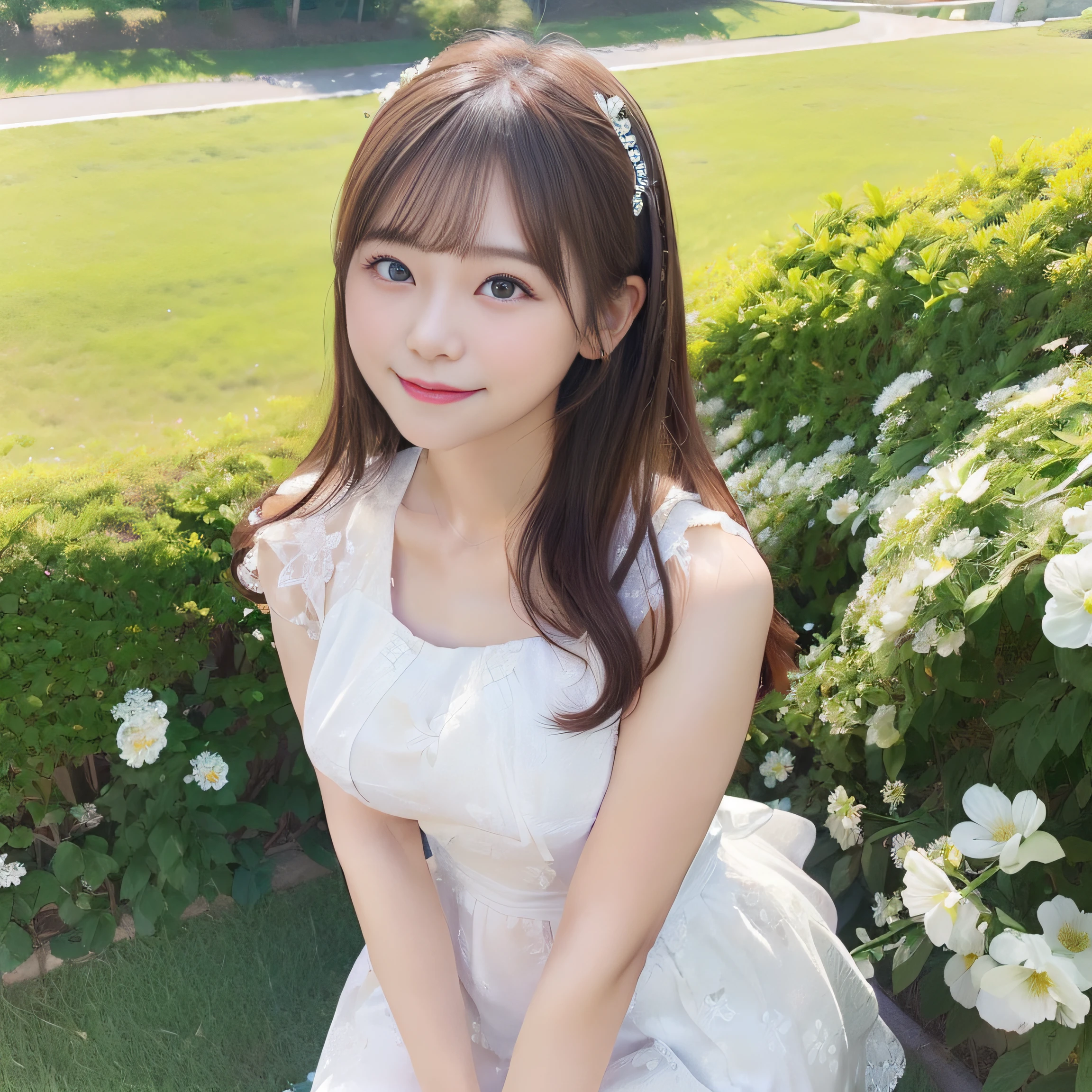 8K、(realisitic、Photorealsitic:1.37)、(masterpiece:1.2)、(top-quality:1.4)、(超A high resolution:1.2)、(RAW Photography:1.2)、(foco nítido:1.3)、(facefocus:1.2)、(full bodyesbian:1.5)、(full body Esbian:1.2)、(30-years old:1.5)、1girl, (solo:1.5), long hair, upper body, (one-piece dress:1.3), White dress with floral pattern、outdoor、Shy smile, blue sky、 landscapes, Hillwith a good view:1.3、beautiful finely detailed eyes、dual、Look at viewers, (cute little),nogizaka、middlebreast、thighs thighs thighs thighs、backshots