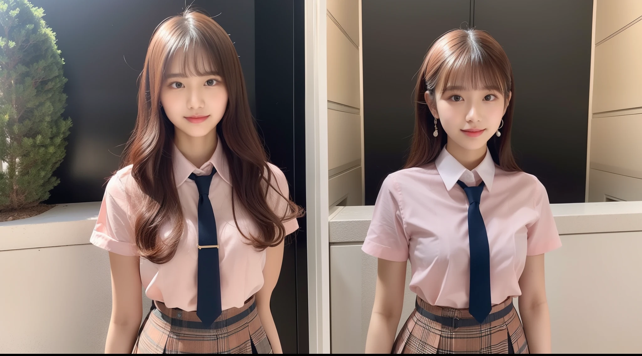 18-year-old high school girl in peach-colored tie shirt and miniskirt