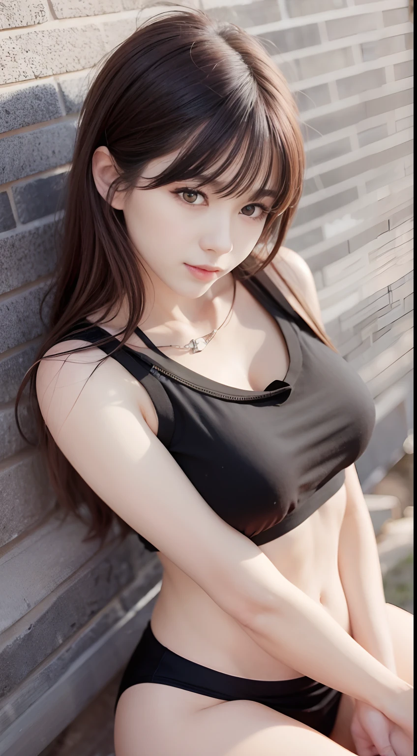 top-quality、超A high resolution、(Photorealsitic:1.4)、(ulzzang-6500:0.4)、Beautie、Korean Idols、18year old、length hair、A dark-haired、Light brown hair、Hairstyle with clean waviness、Realistic eyes, Beautiful eyes、a smile、croptop、a miniskirt、Oversized shirt、In the street、crouching down、slender、A slender、abdominals、Slender body lines、Shot diagonally from above
